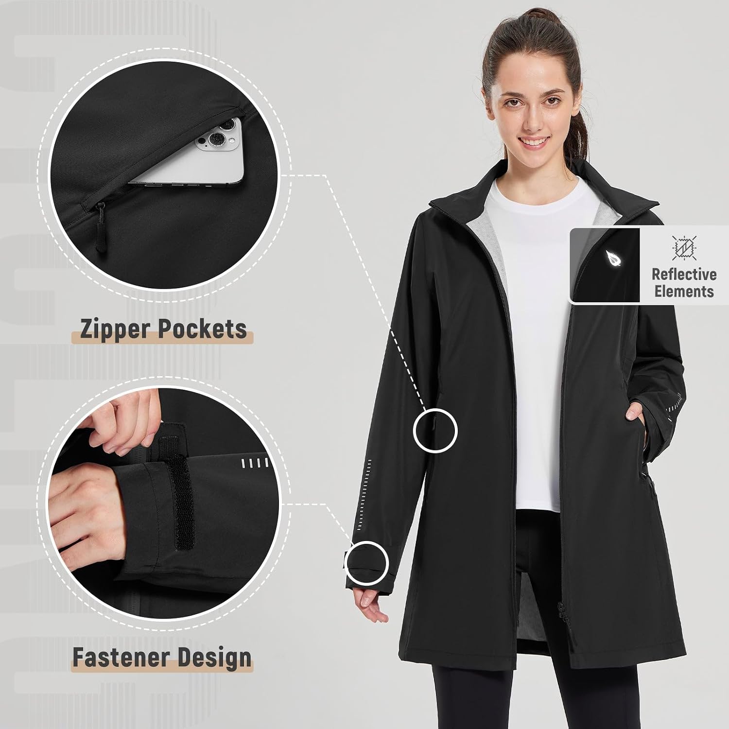 Women's Long Waterproof Rain Coat Packable Hood Black