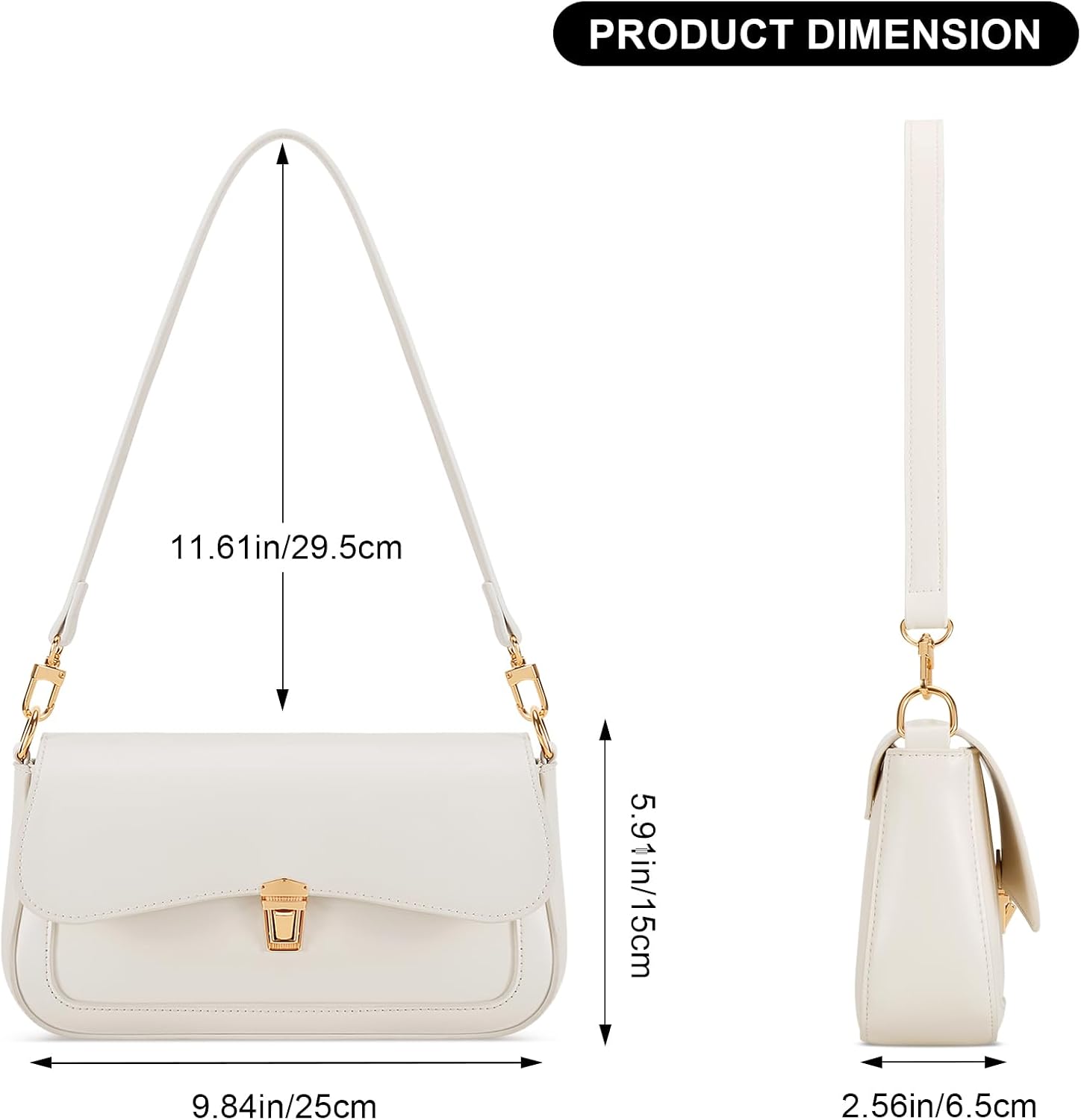 Women's White PU Flap Shoulder Bag Gold Lock