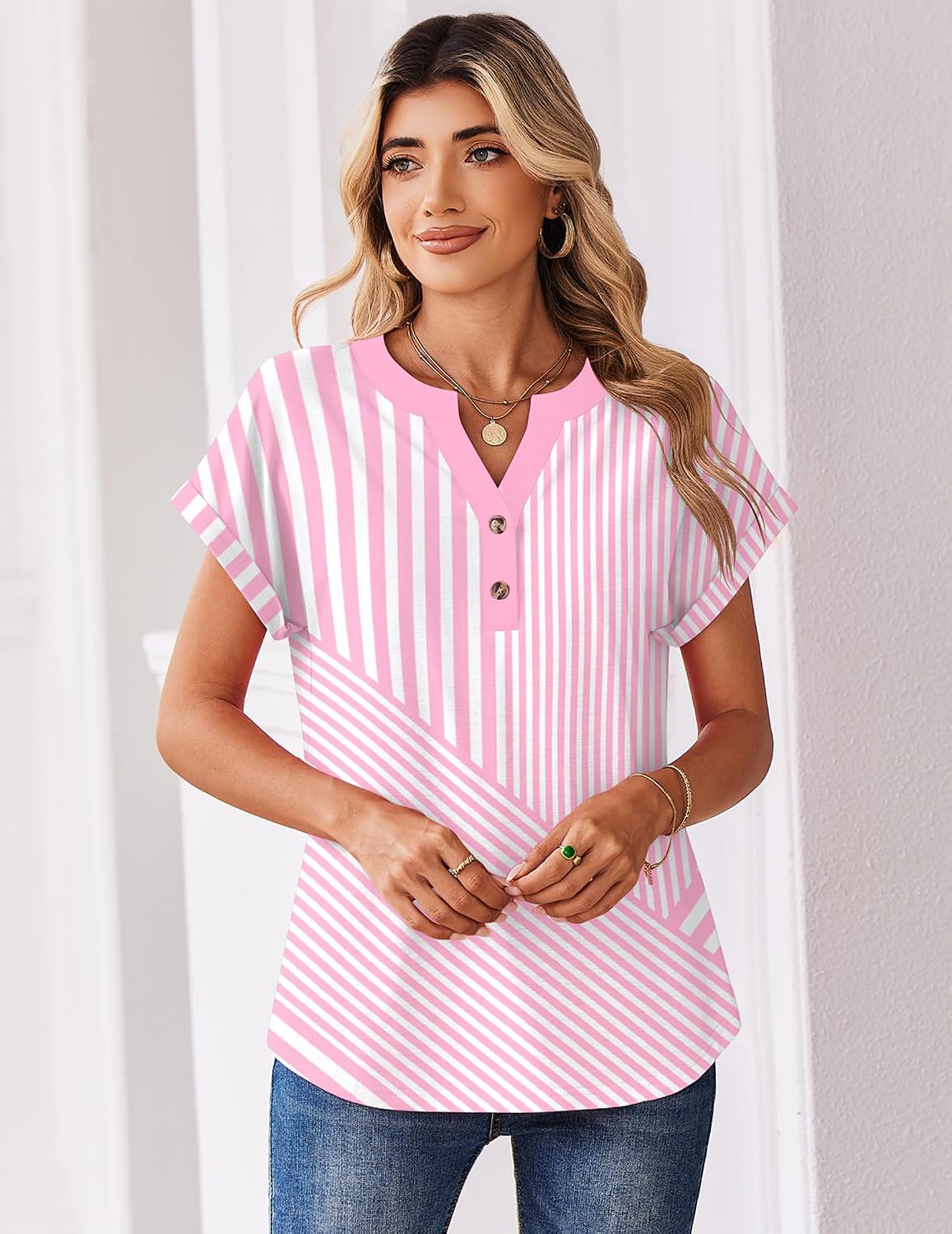 Women Tops Summer Short Sleeve T Shirts V Neck Dressy Work Blouses Boho Clothes S-3XL