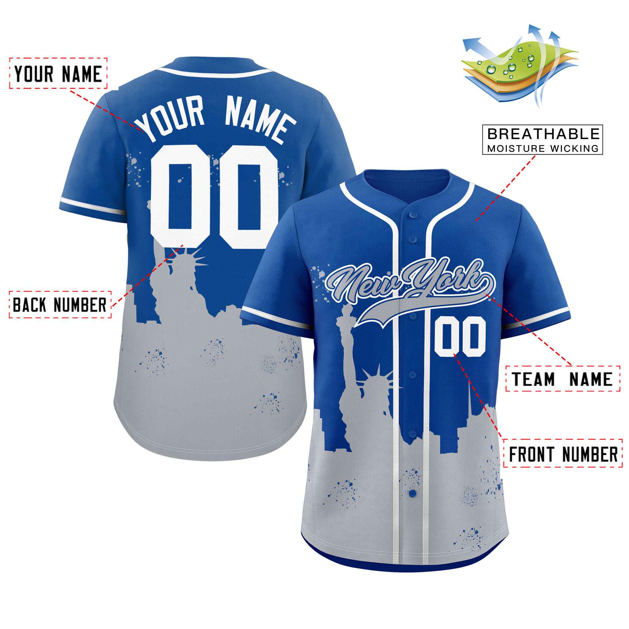 Benutzerdefinierte Royal Grey personalisierte New York City Nightscape authentische Baseball-Trikot