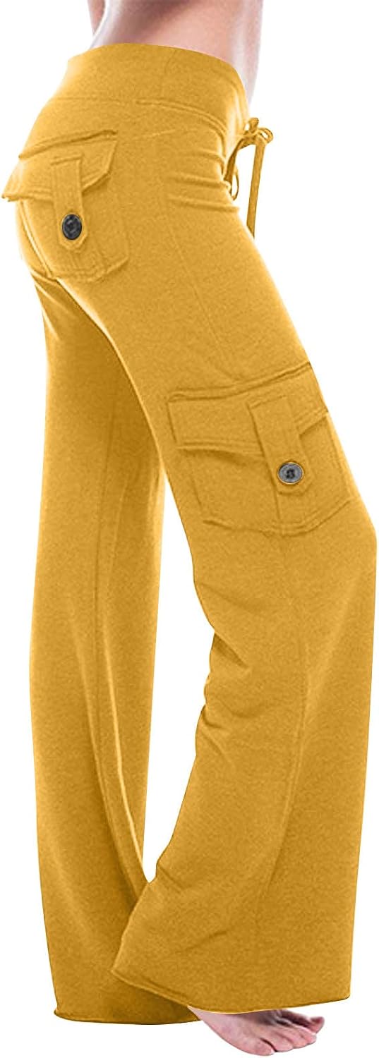 Women's High Waist Cargo Yoga Pants Wide Leg Yellow