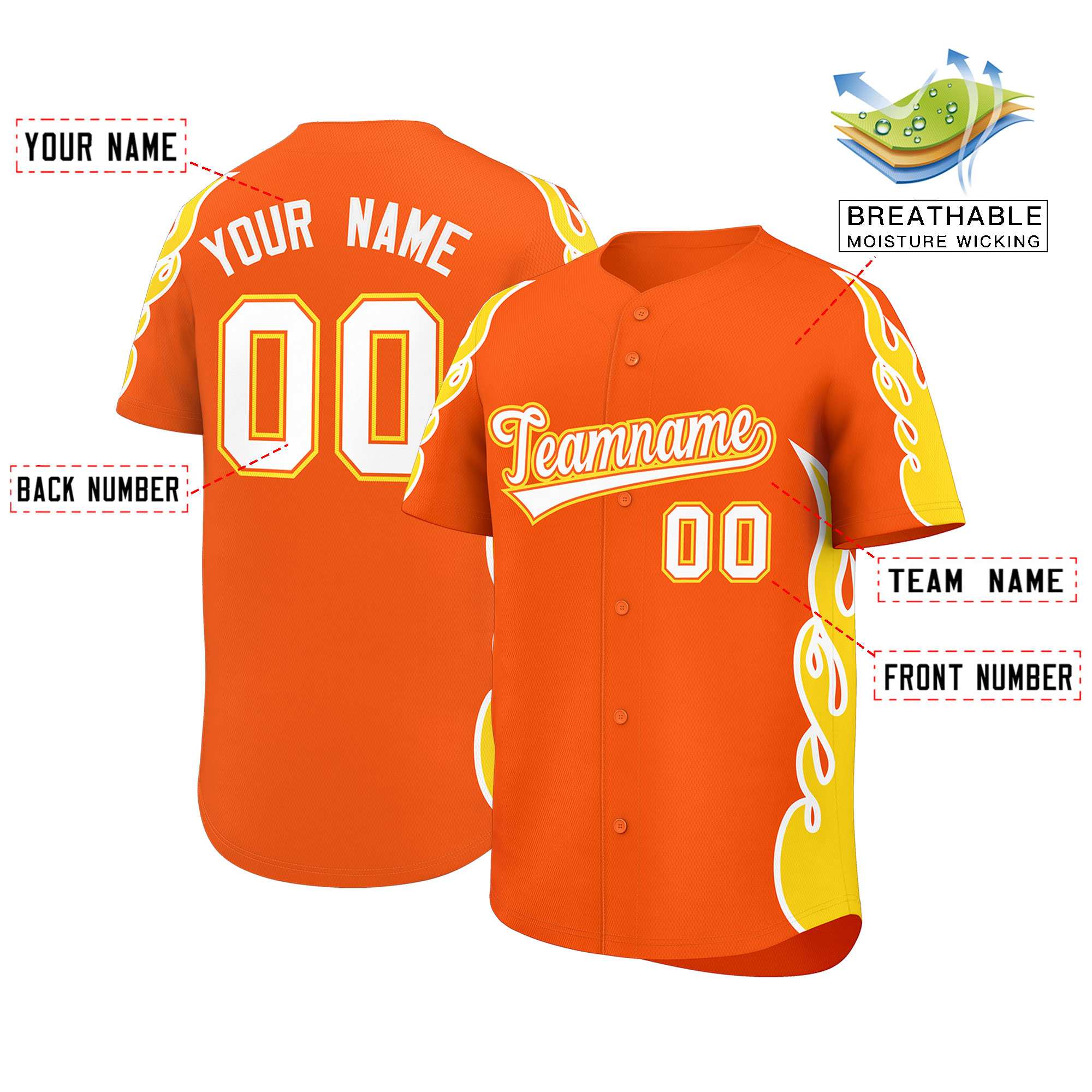 Benutzerdefiniertes Baseball-Trikot mit Seitenflammen-Umrissmuster für Sportuniformen