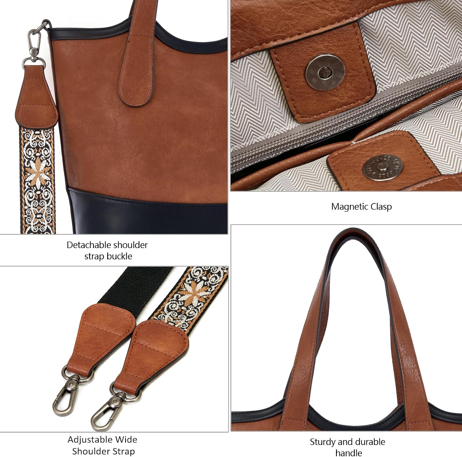 Women's Two-Tone Vegan Leather Shoulder Tote Bag, Brown Women's Two-Tone Vegan Leather Shoulder Tote Bag, Brown