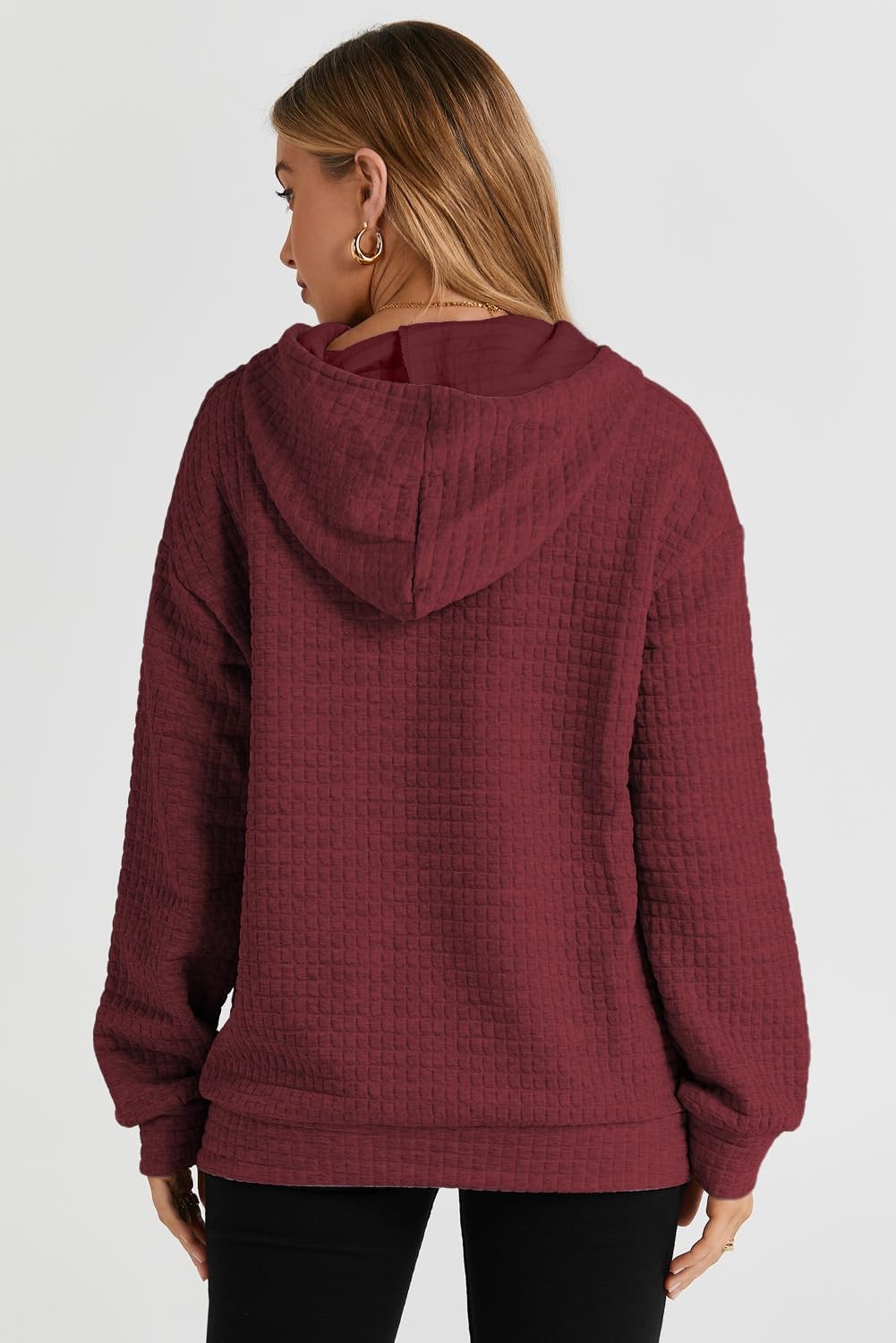 Womens Hoodies Casual Drawstring Waffle Pullover Tops Hooded Sweatshirt with Pocket