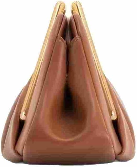 Women's Brown Ruched Dumpling Clutch with Gold Metal Handle
