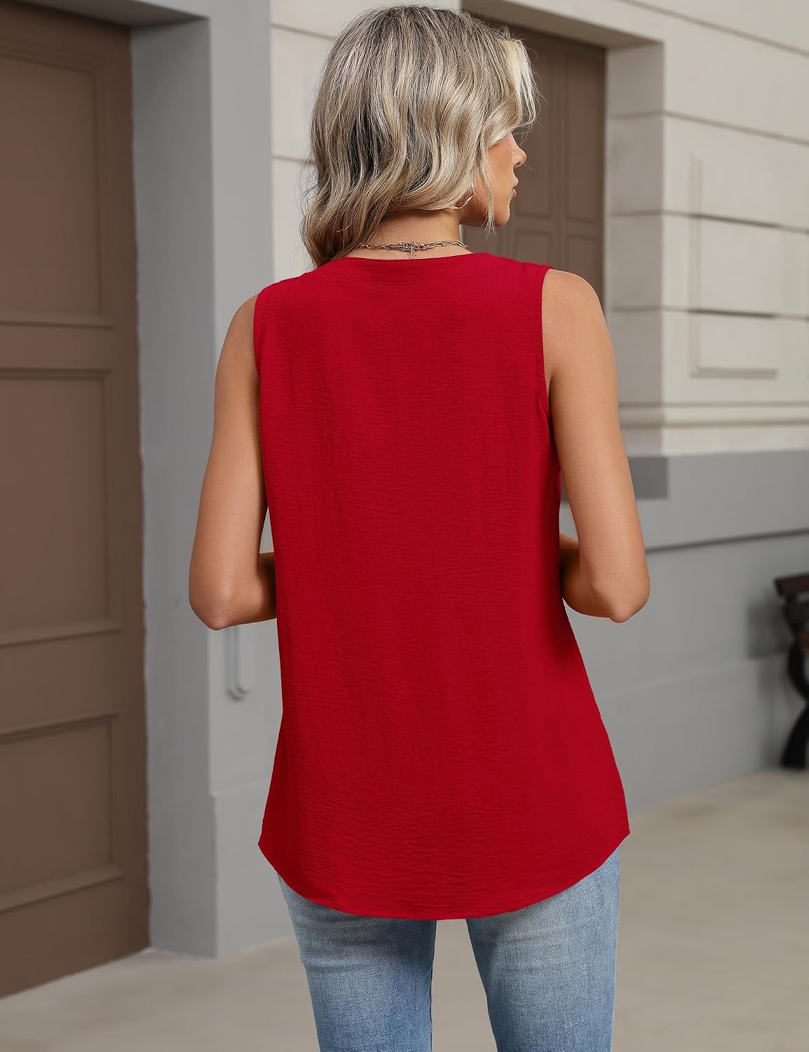 Women's V Neck Button Down Loose Tank, Red