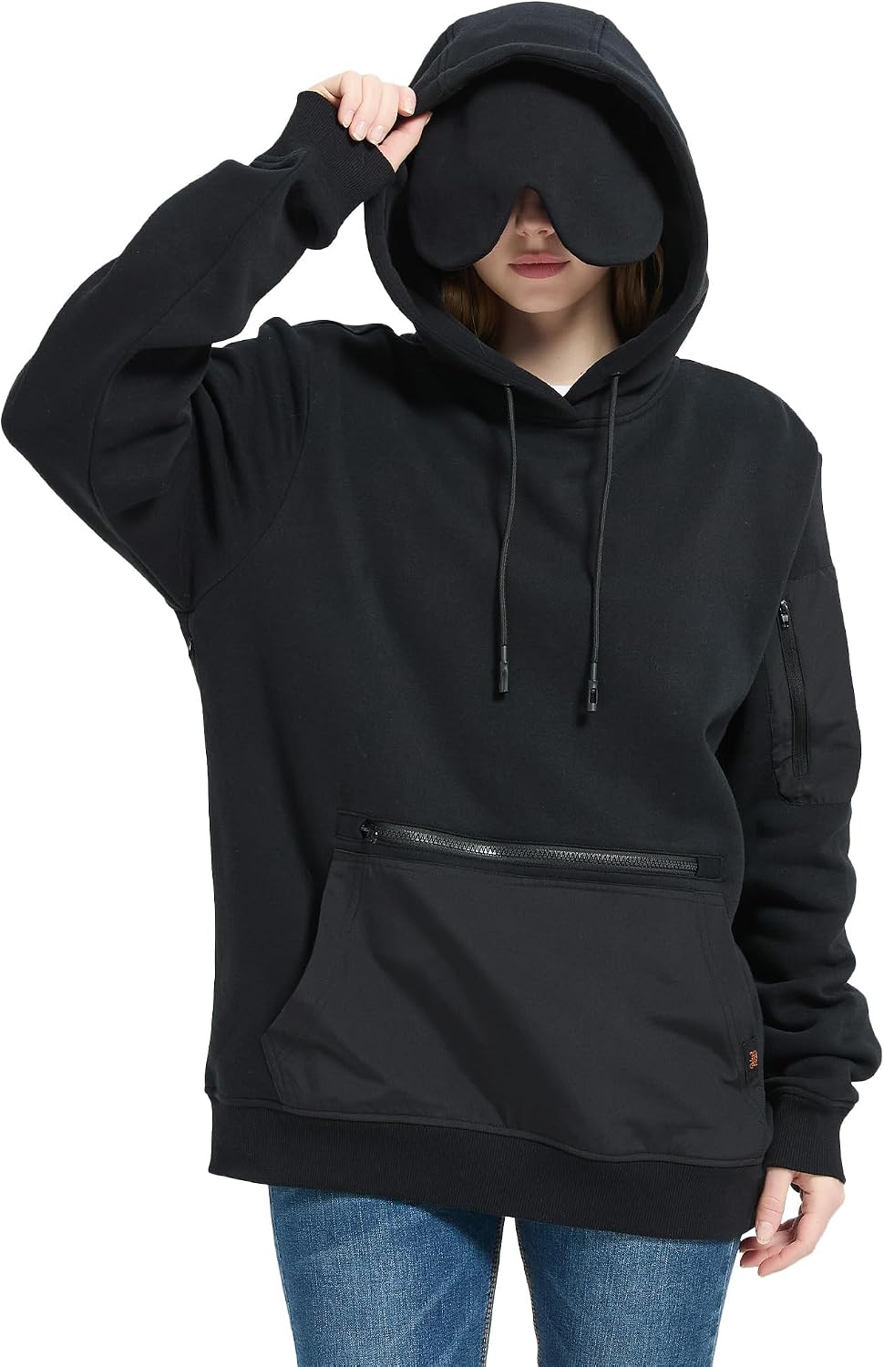 Travel Hoodie with Built-In Eye Mask for Airplane Breathable Comfort Pullover Sweatshirt Multiple Pockets