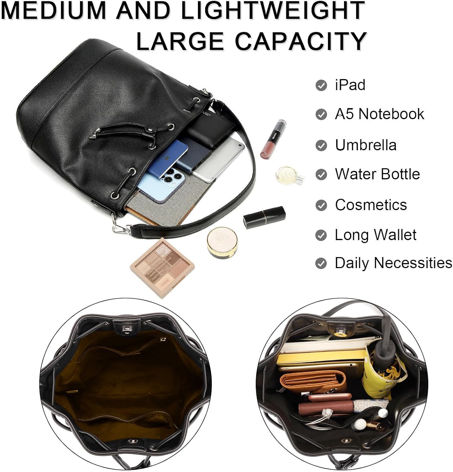 Women's Vegan Leather Bucket Tote Bag Black