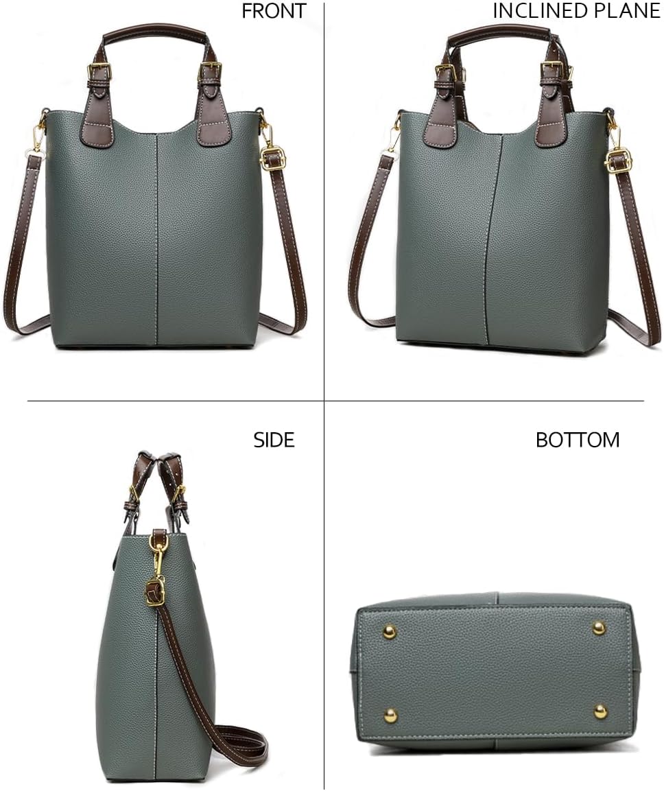 Women's Vegan Leather Bucket Handbag with Strap, Green Women's Vegan Leather Bucket Handbag with Strap, Green