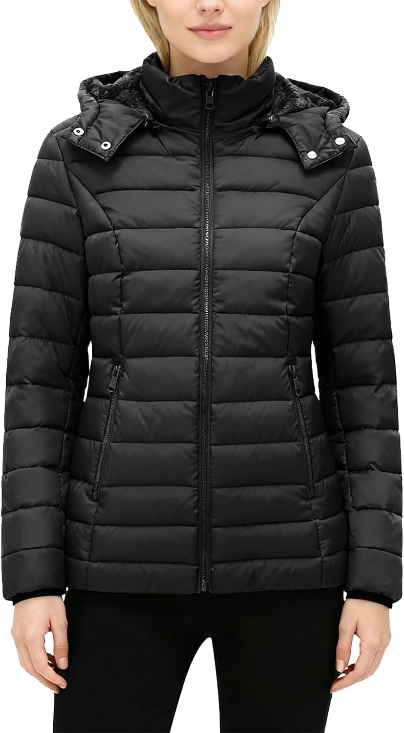Women's Hooded Quilted Puffer Coat Fleece Lined Black Women's Hooded Quilted Puffer Coat Fleece Lined Black