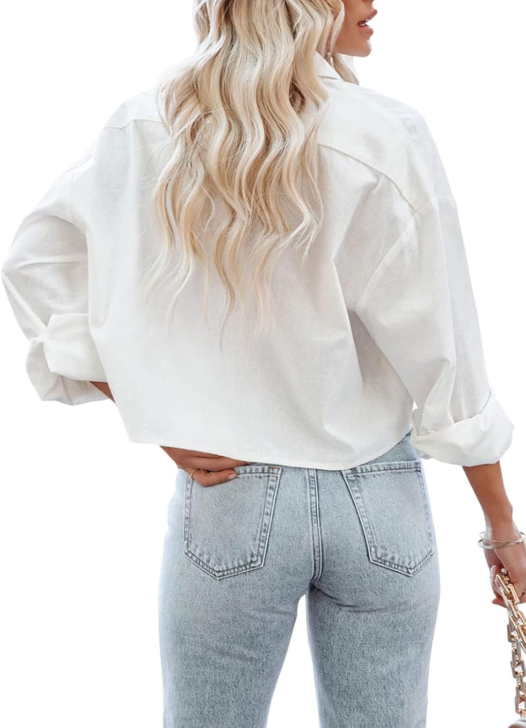 Womens Button Down Cropped Shirts Long Sleeve Casual Crop Tops Solid Lapel Blouse Shirt with Chest Pocket