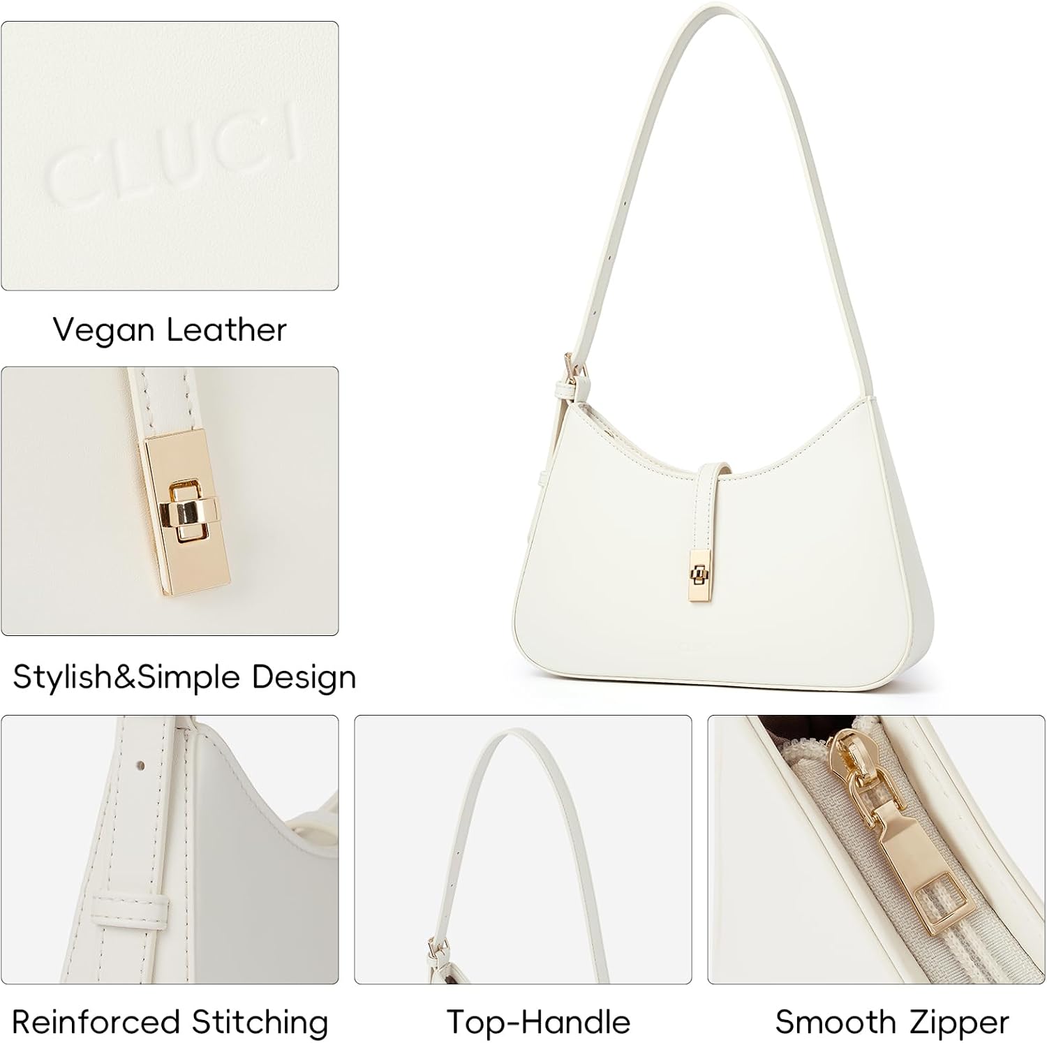Women's White Vegan Leather Crescent Shoulder Bag