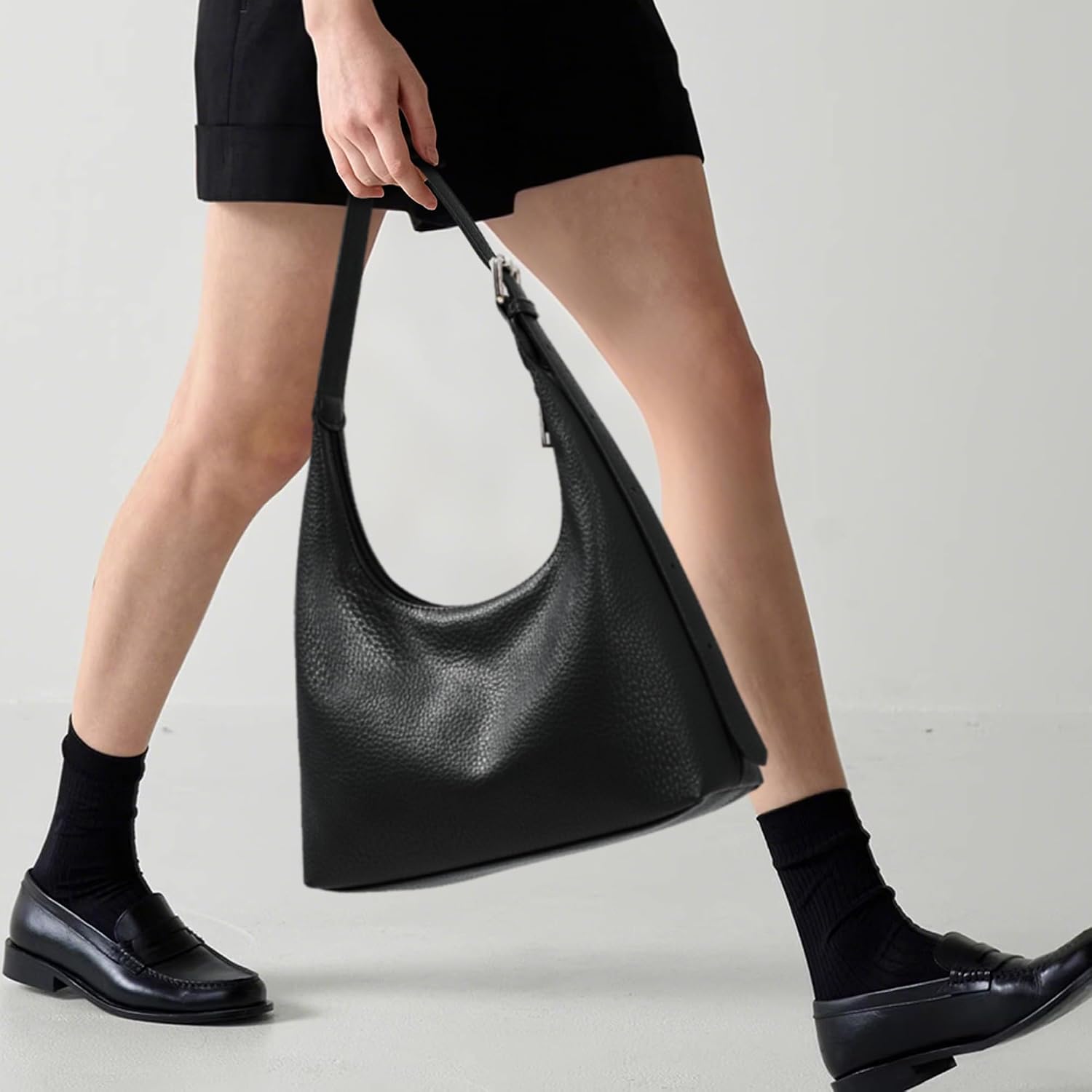 Women's Black Pebbled PU Crescent Shoulder Bag