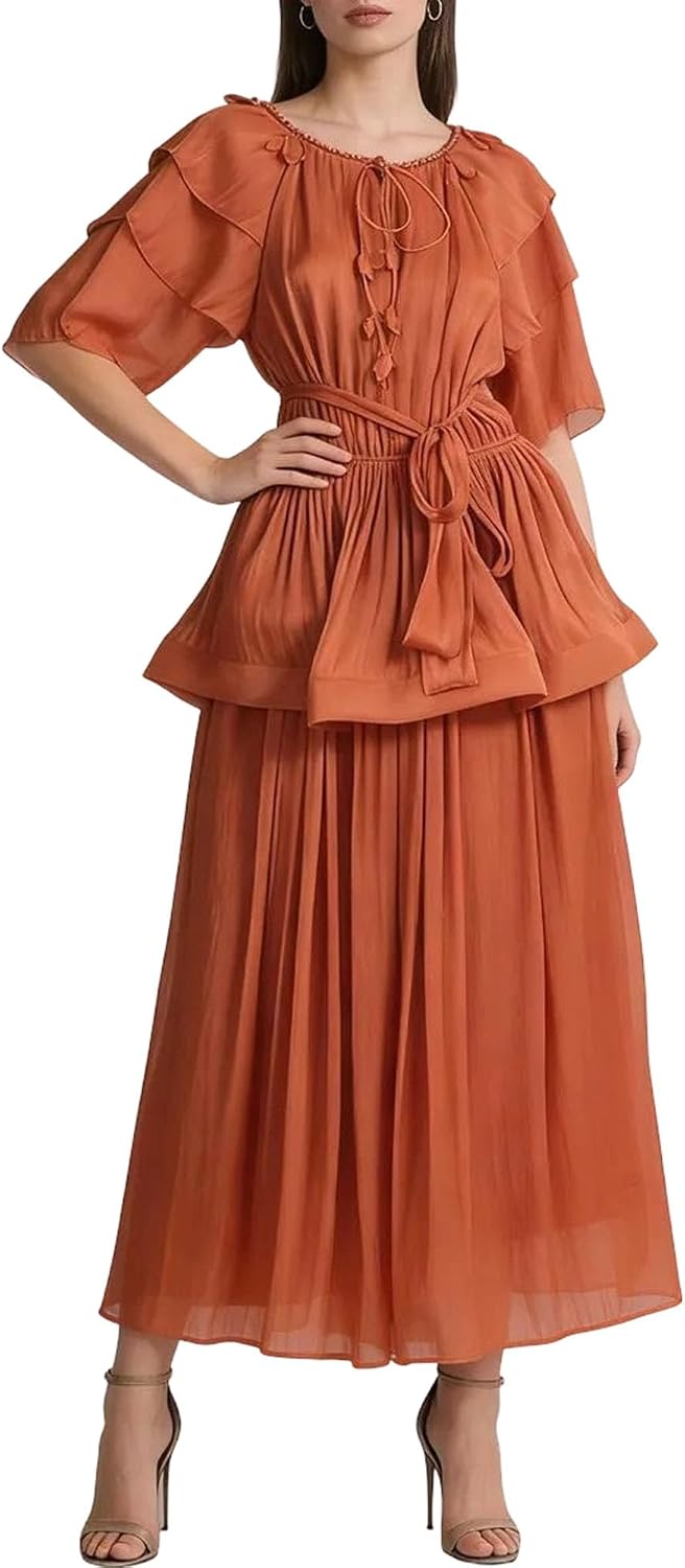 Women's Tiered Maxi Dress Flutter Sleeve Tie Waist Rust