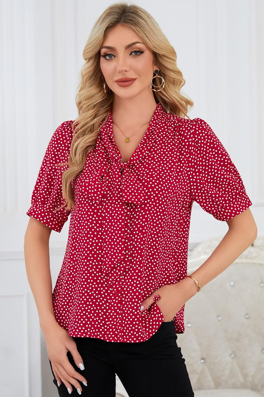 Blouses for Women Dressy Short Sleeve Shirts Bow Tie Neck Work Tops Business Outfits