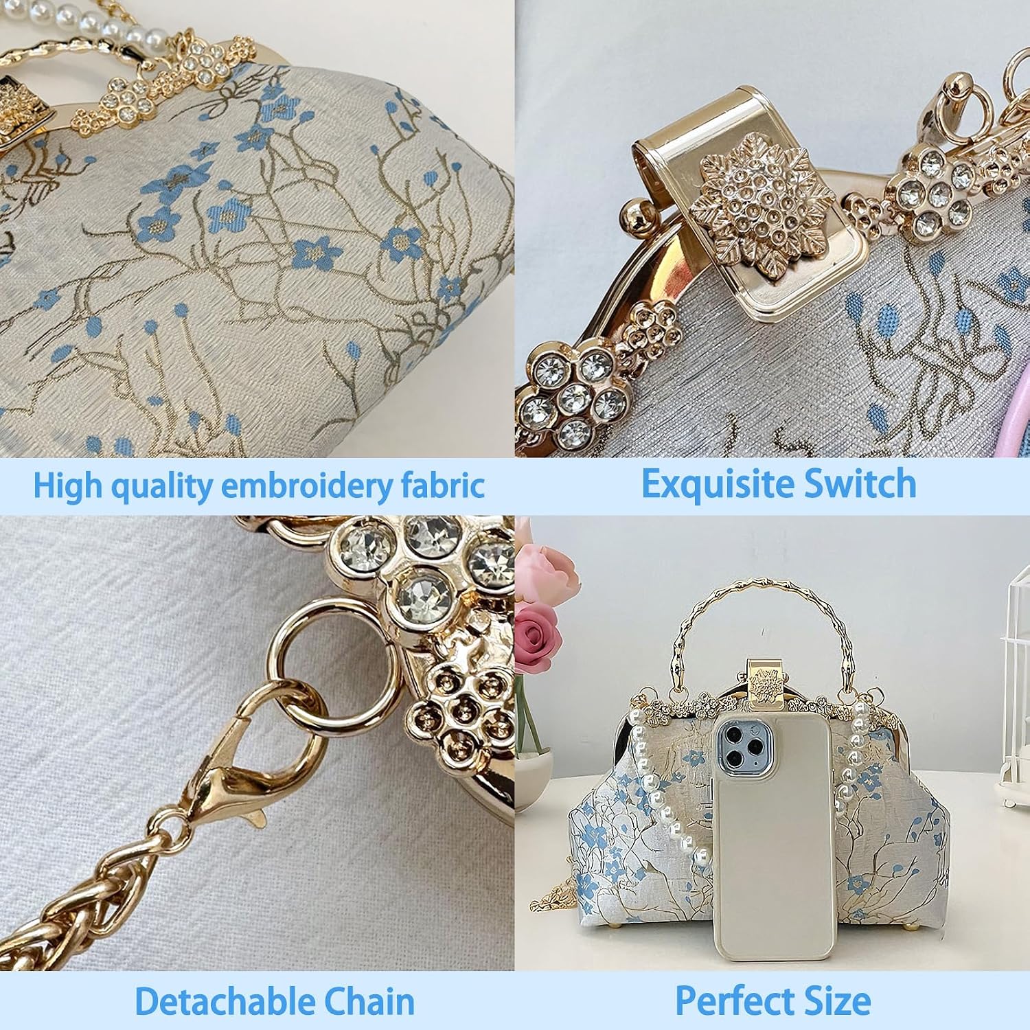 Women's Embroidered Floral Clutch with Pearl Handle and Chain