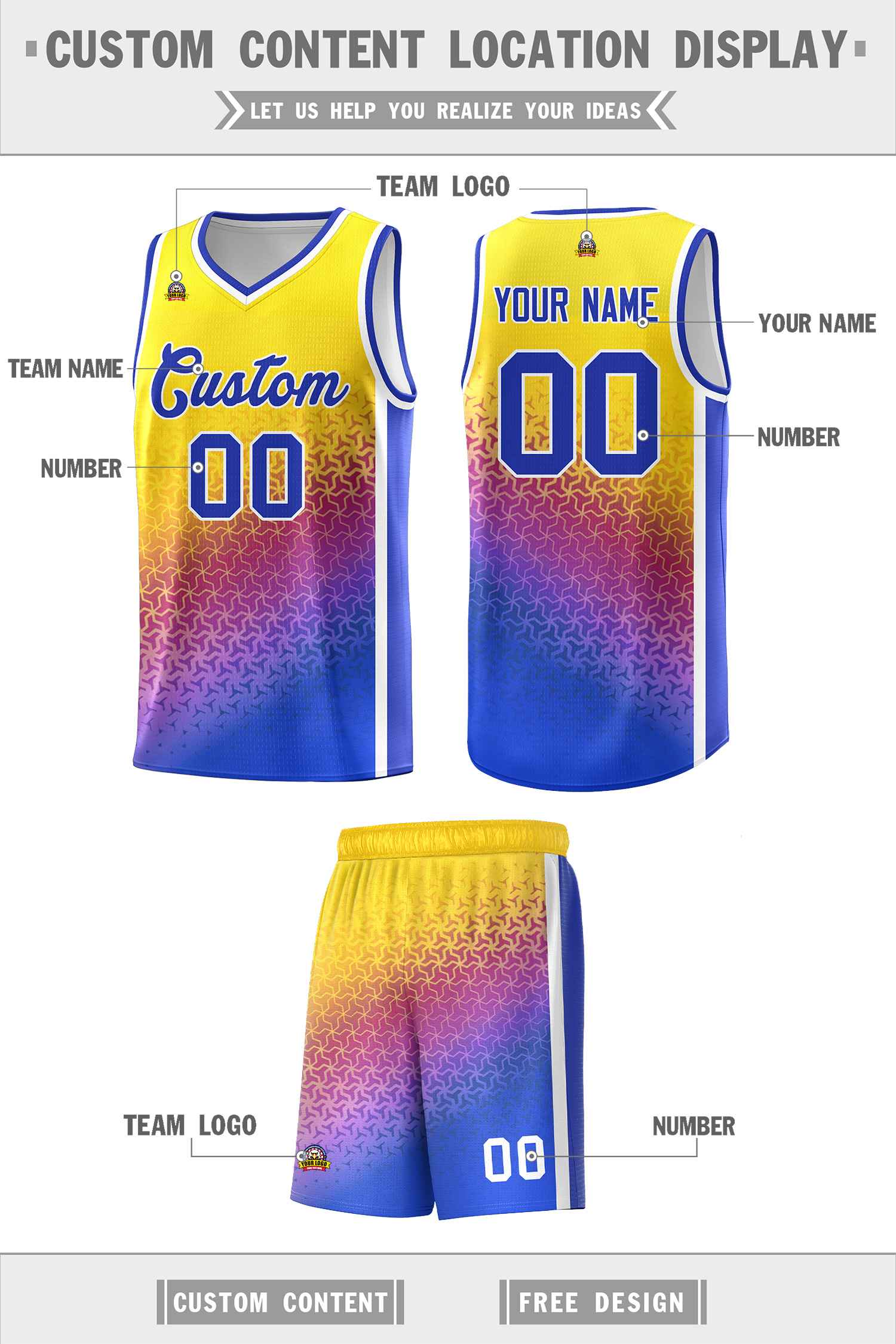Benutzerdefiniertes Farbverlaufsdesign mit unregelmäßigen Formen und Mustern, Sportuniform-Basketballtrikot