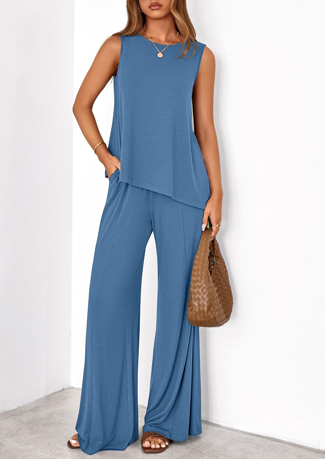 Women's 2 Piece Lounge Set Asymmetrical Tank Dusty Blue