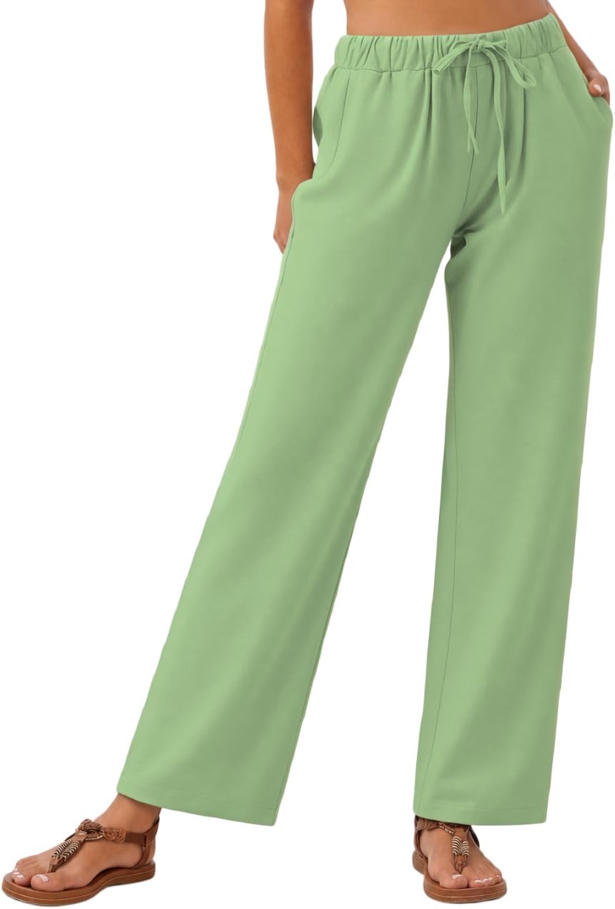 Womens Casual Pants Drawstring Elastic High Waisted Fit Straight Summer Beach Dress Trousers