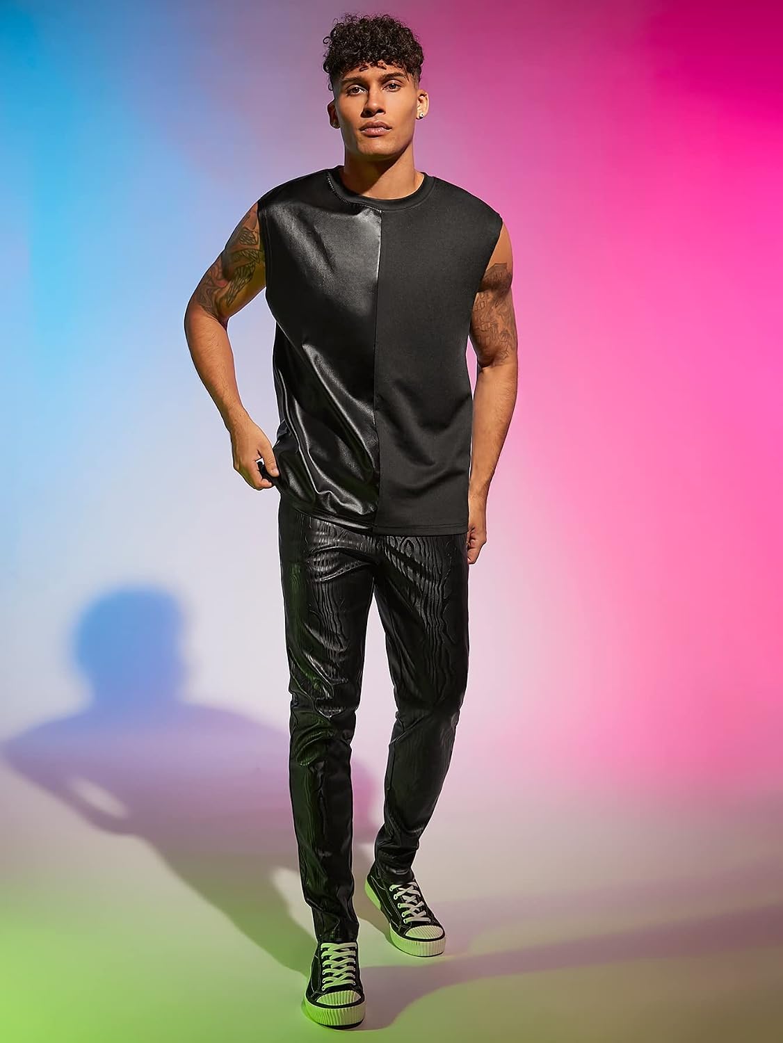 Men's Faux Leather Panel Tank Top Color Block Black