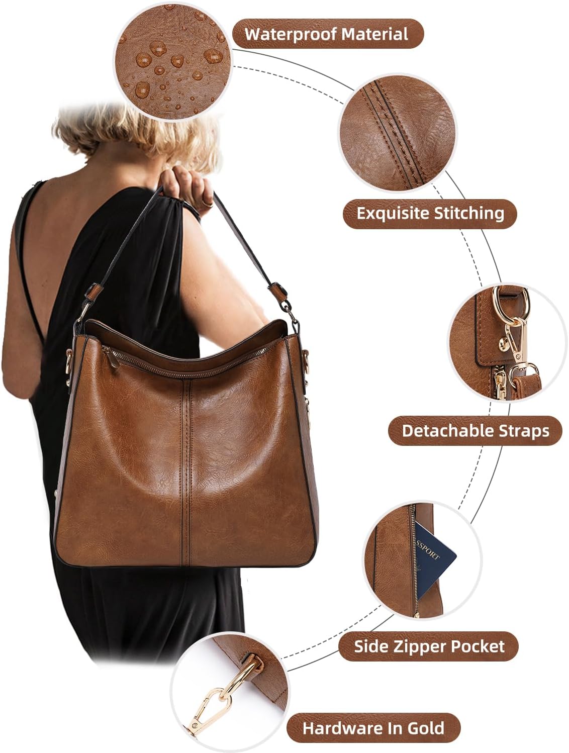 Women's Vegan Leather Hobo Bag Set 3 Pieces Brown Women's Vegan Leather Hobo Bag Set 3 Pieces Brown