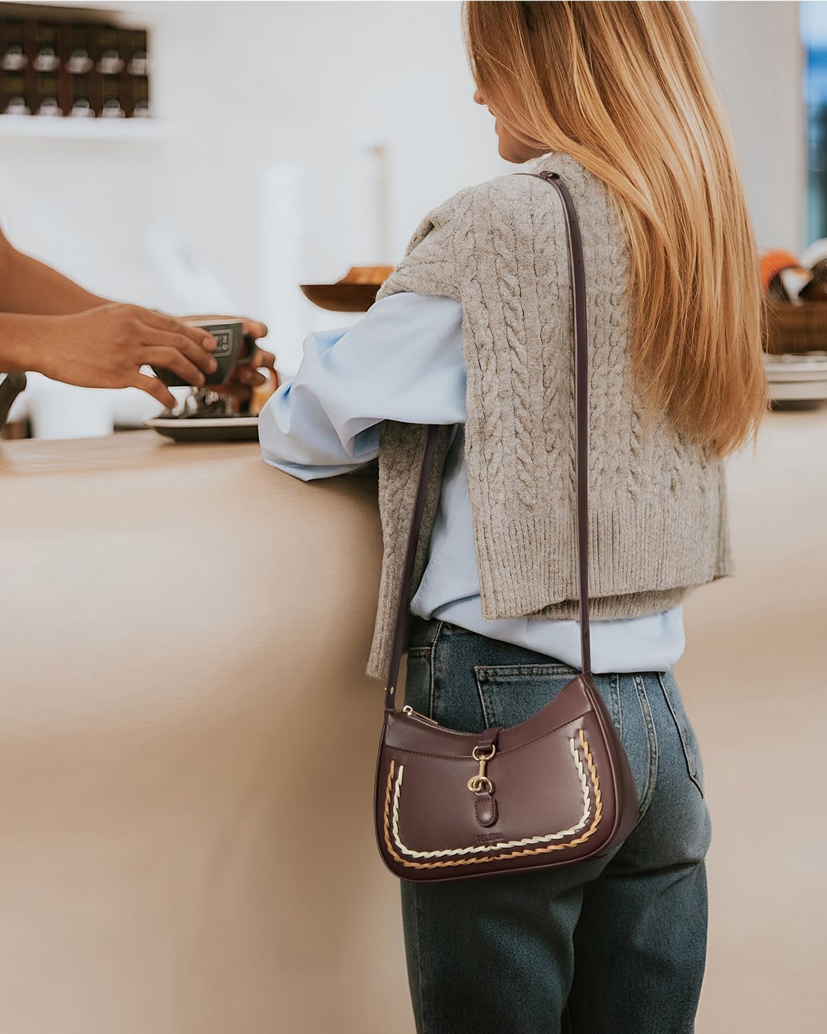 Women's Braided Trim Shoulder Bag with Gold Ring Clasp