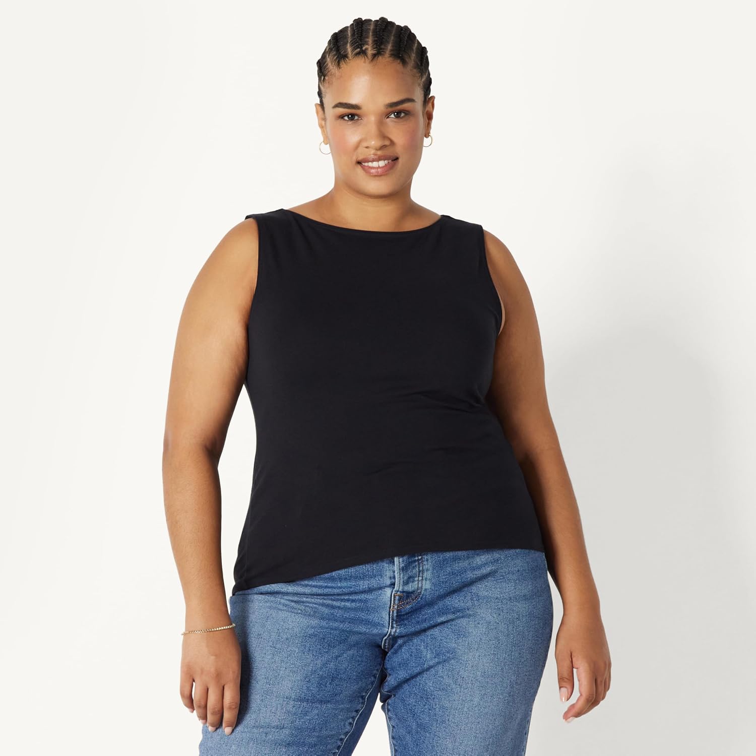 Women's Boat Neck Slim Fit Cotton Tank, Black Women's Boat Neck Slim Fit Cotton Tank, Black
