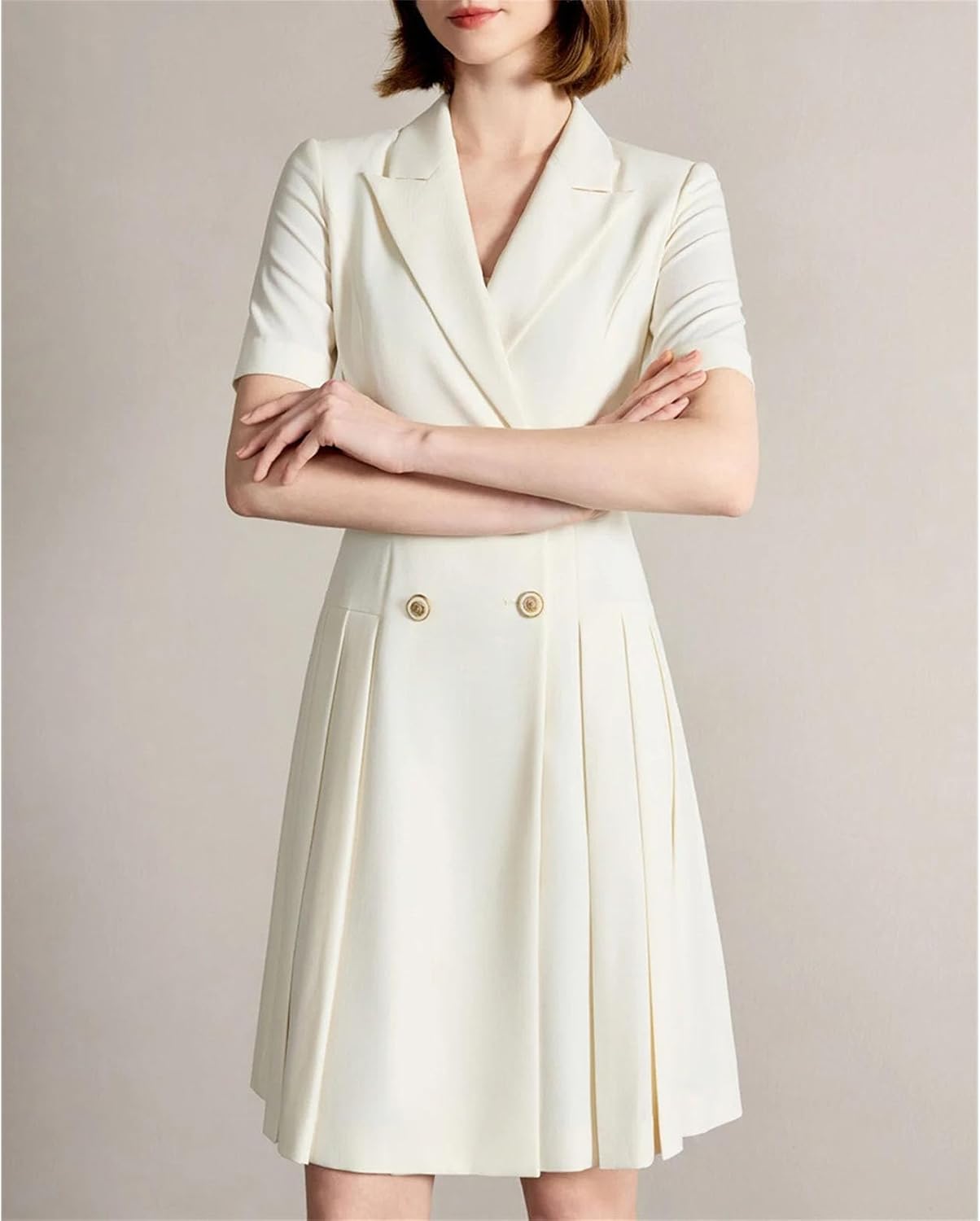 Women's Double Breasted Blazer Dress Short Sleeve Pleated White Women's Double Breasted Blazer Dress Short Sleeve Pleated White