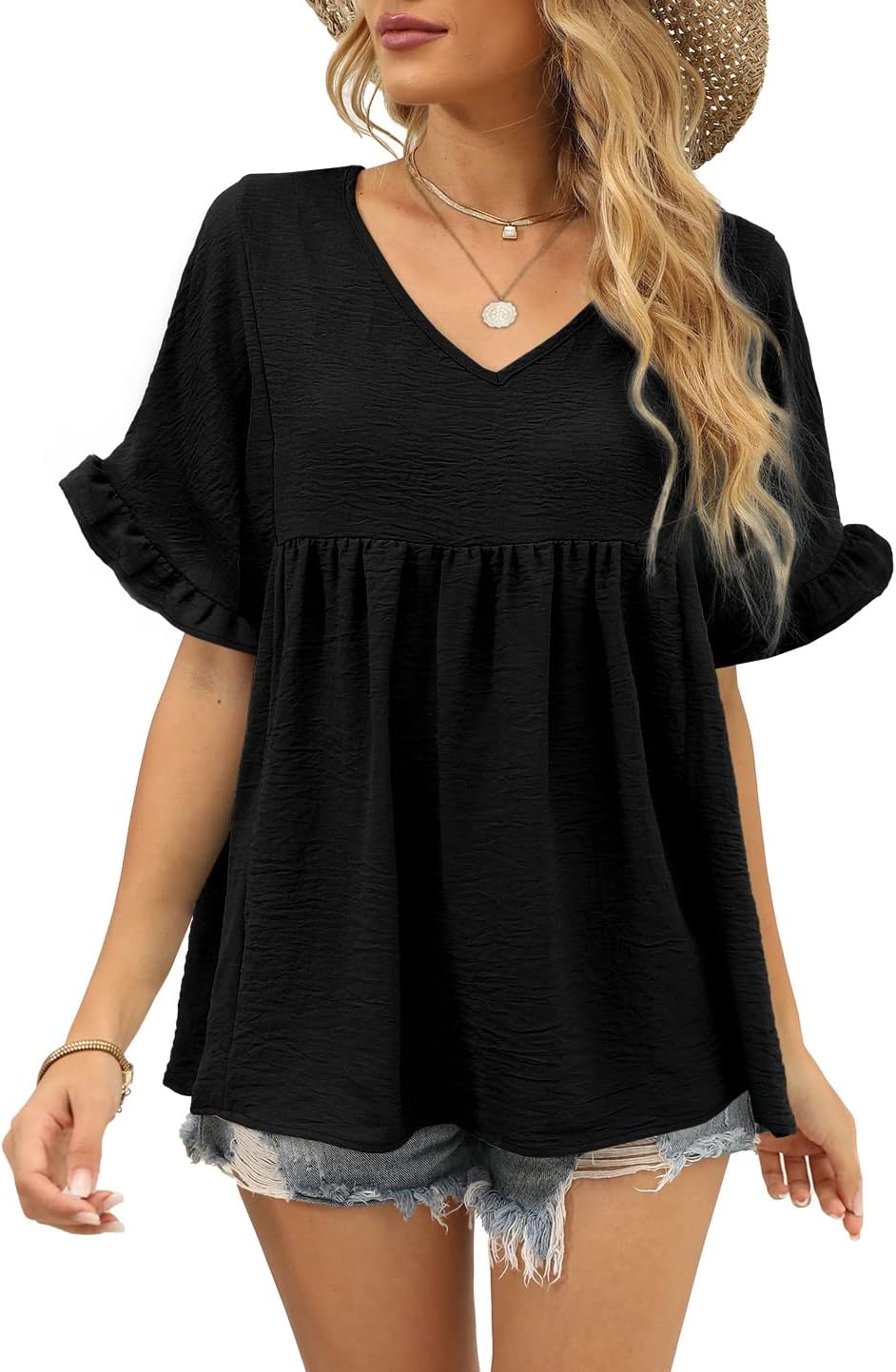 Womens Tops Casual V Neck Ruffle Sleeve T Shirts Babydoll Fit Peplum