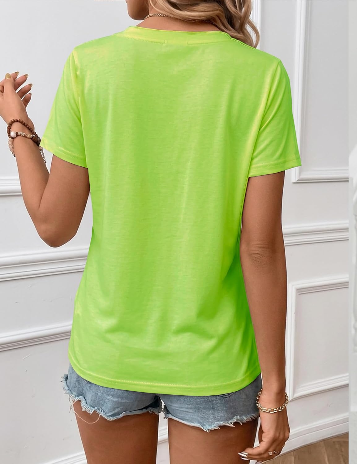 Women's Cotton V Neck T-Shirt Neon Green