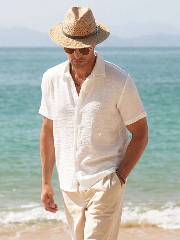 Einfarbiges hawaiianisches Button-Down-Hemd für Herren