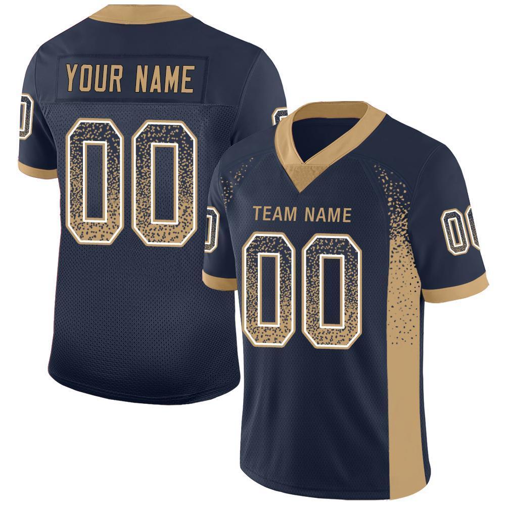 Benutzerdefiniertes authentisches Drift Fashion Mesh-Fußballtrikot in Marineblau und Altgold-Weiß