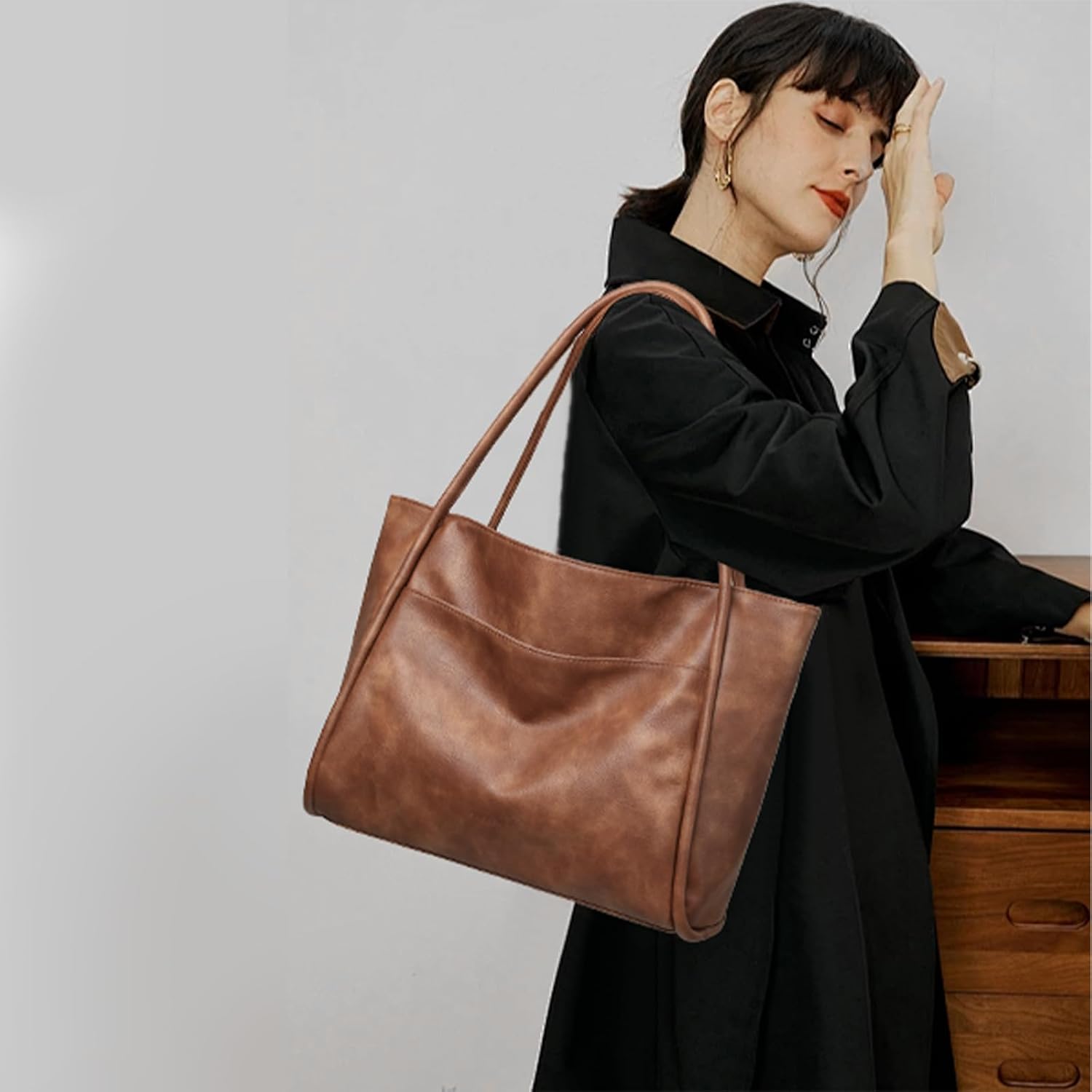 Women's Soft Leather Zipper Tote Bag Brown Women's Soft Leather Zipper Tote Bag Brown