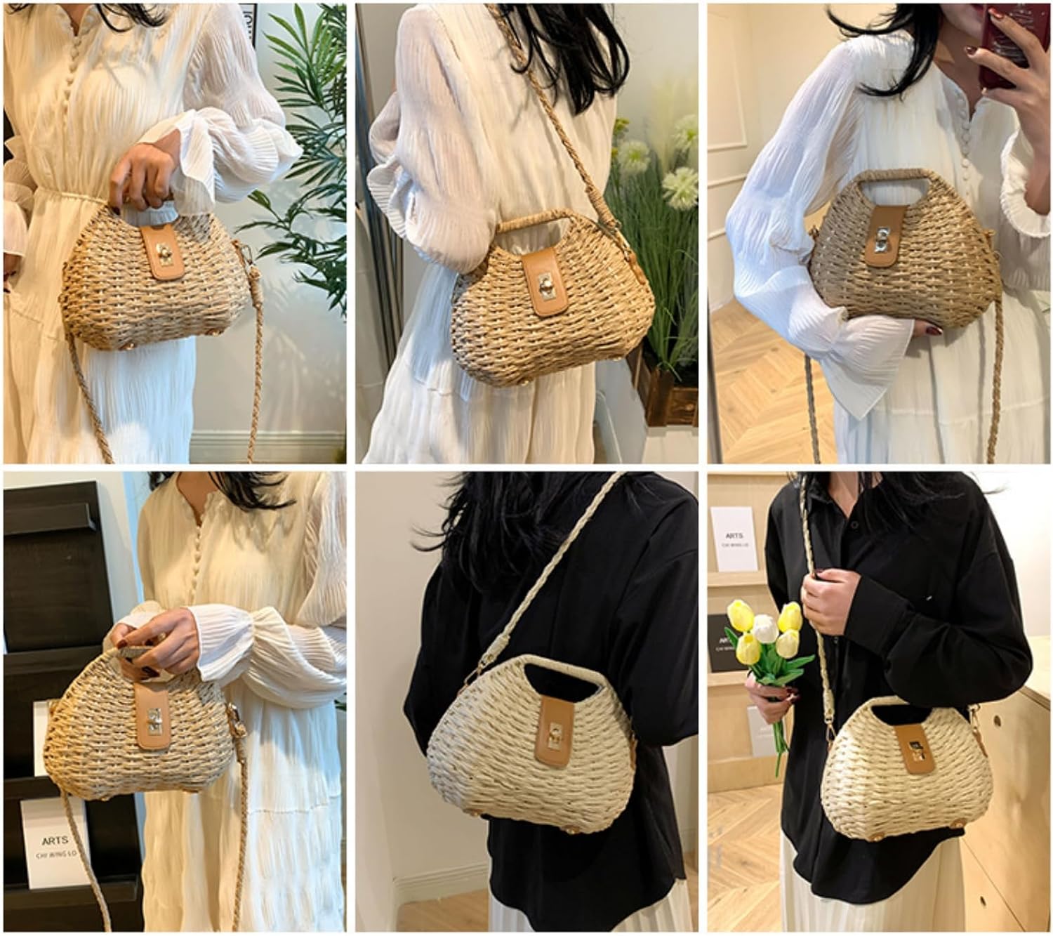 Women's Straw Woven Tote Bag Beige