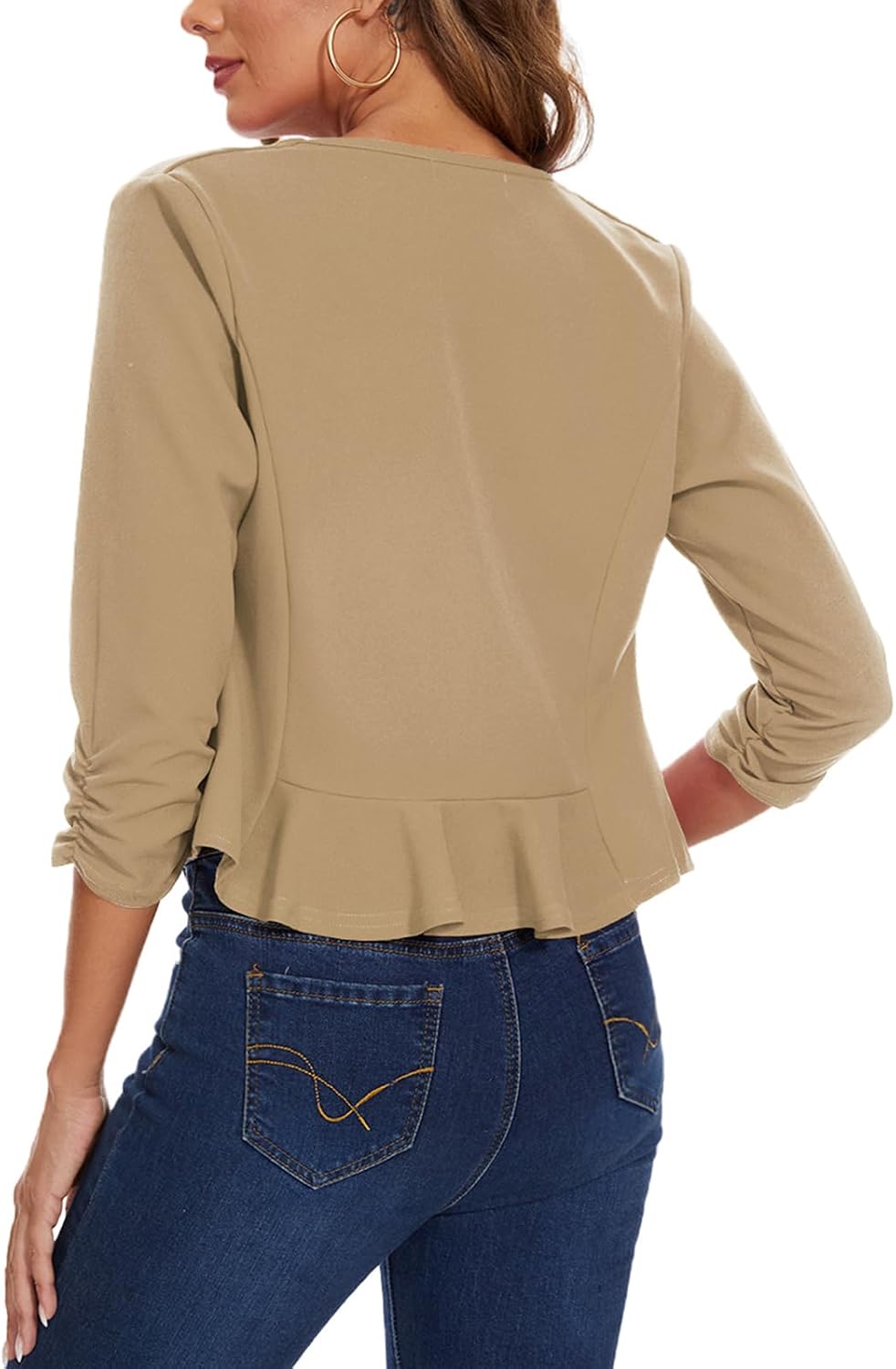 Cropped Blazer for Women 3-Quarter Ruched Sleeve Collarless Open Front Casual Work Office Cardigan Suit Jacket