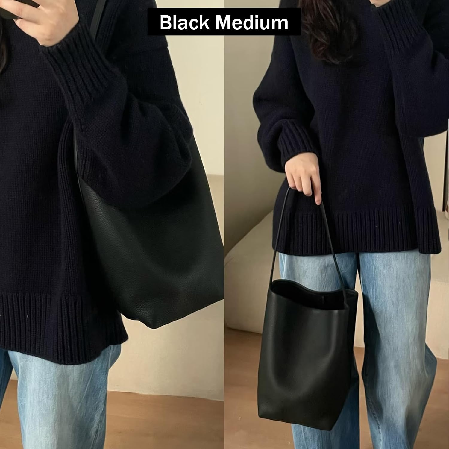 Women's Genuine Leather Bucket Tote Bag Black