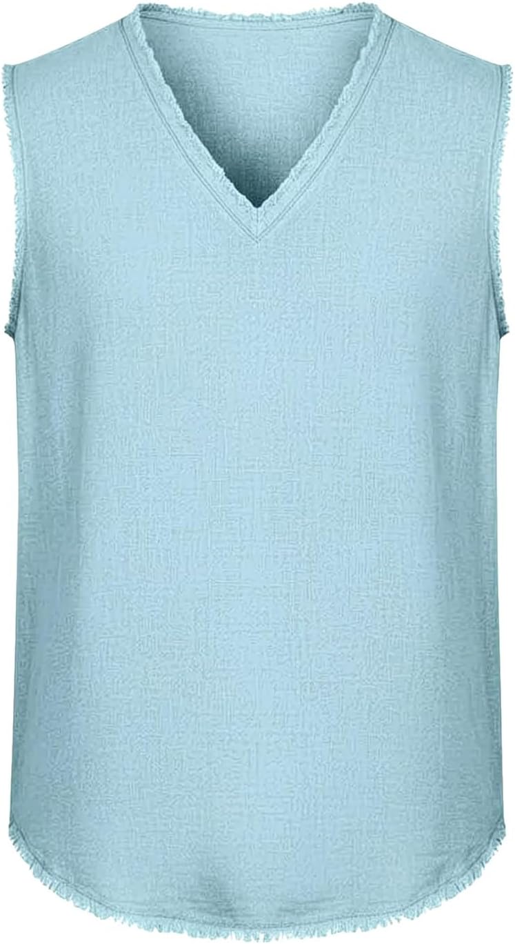 Men's Raw Edge V Neck Tank Top Light Blue