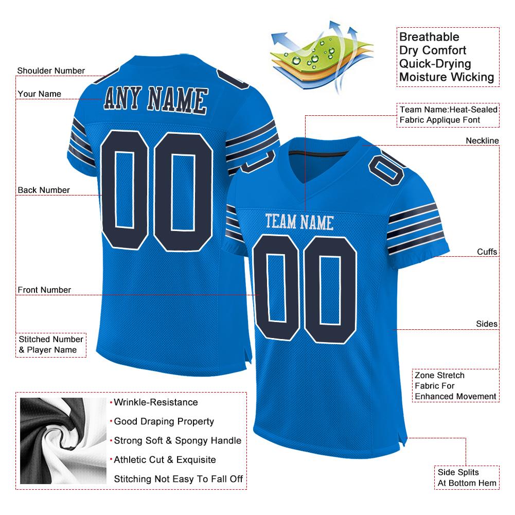 Maßgeschneidertes, authentisches Panther-Fußballtrikot aus Mesh in Marineblau und Weiß im klassischen Stil