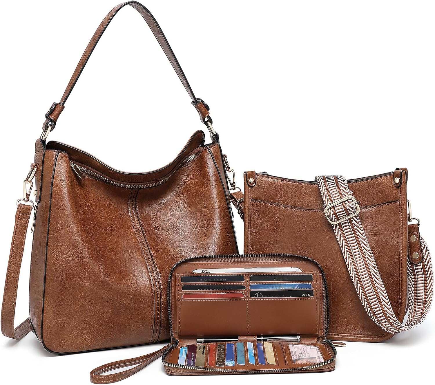 Women's Vegan Leather Hobo Bag Set 3 Pieces Brown