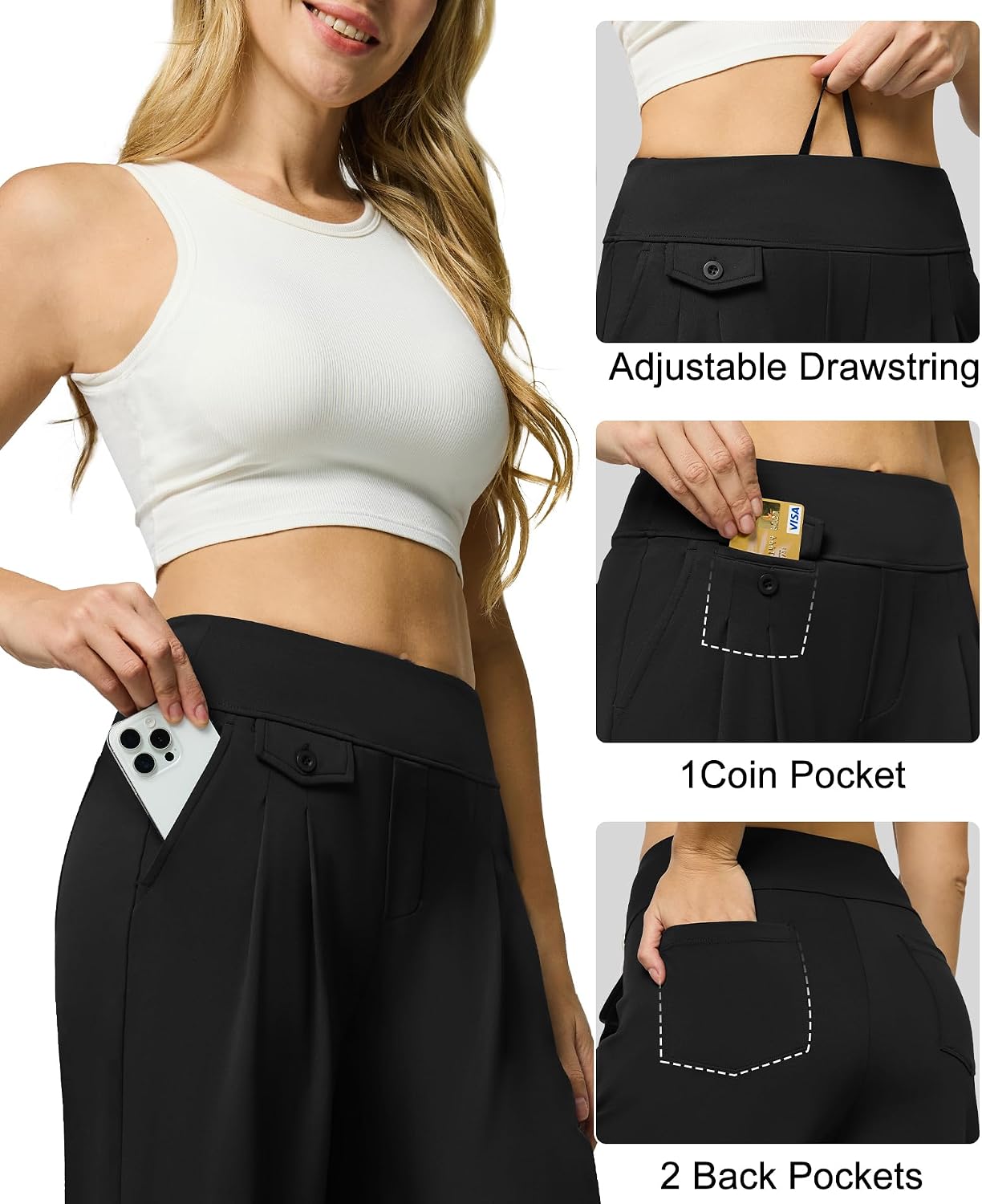 Women's High Waist Wide Leg Work Pants Drawstring Black