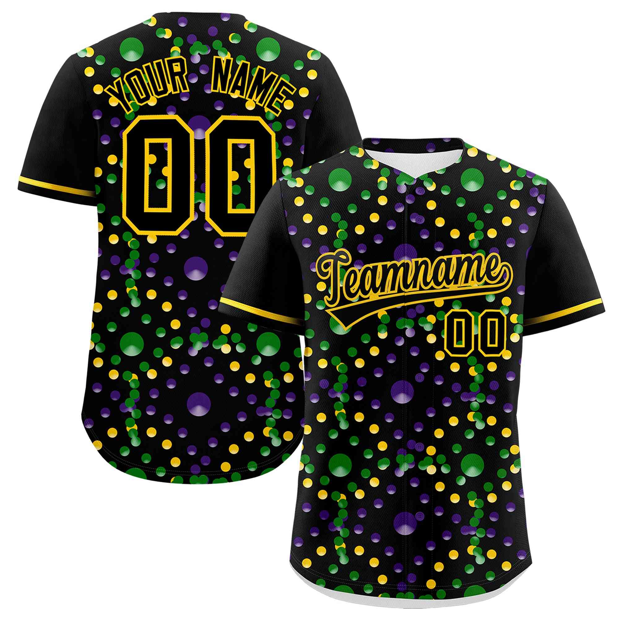 Benutzerdefinierte schwarz-goldene Graffiti-Personalisierung Mardi Gras authentisches Baseball-Trikot