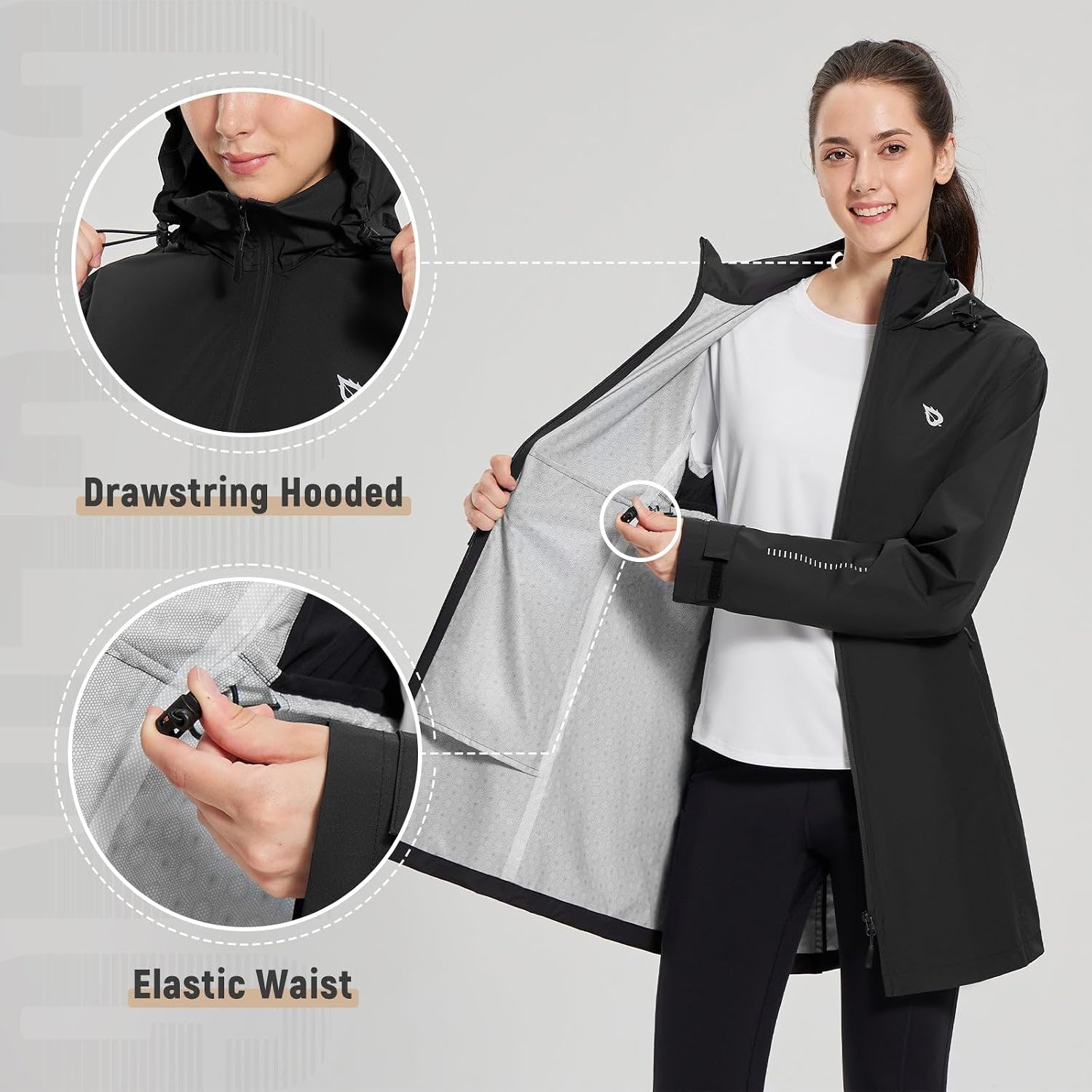 Women's Long Waterproof Rain Coat Packable Hood Black