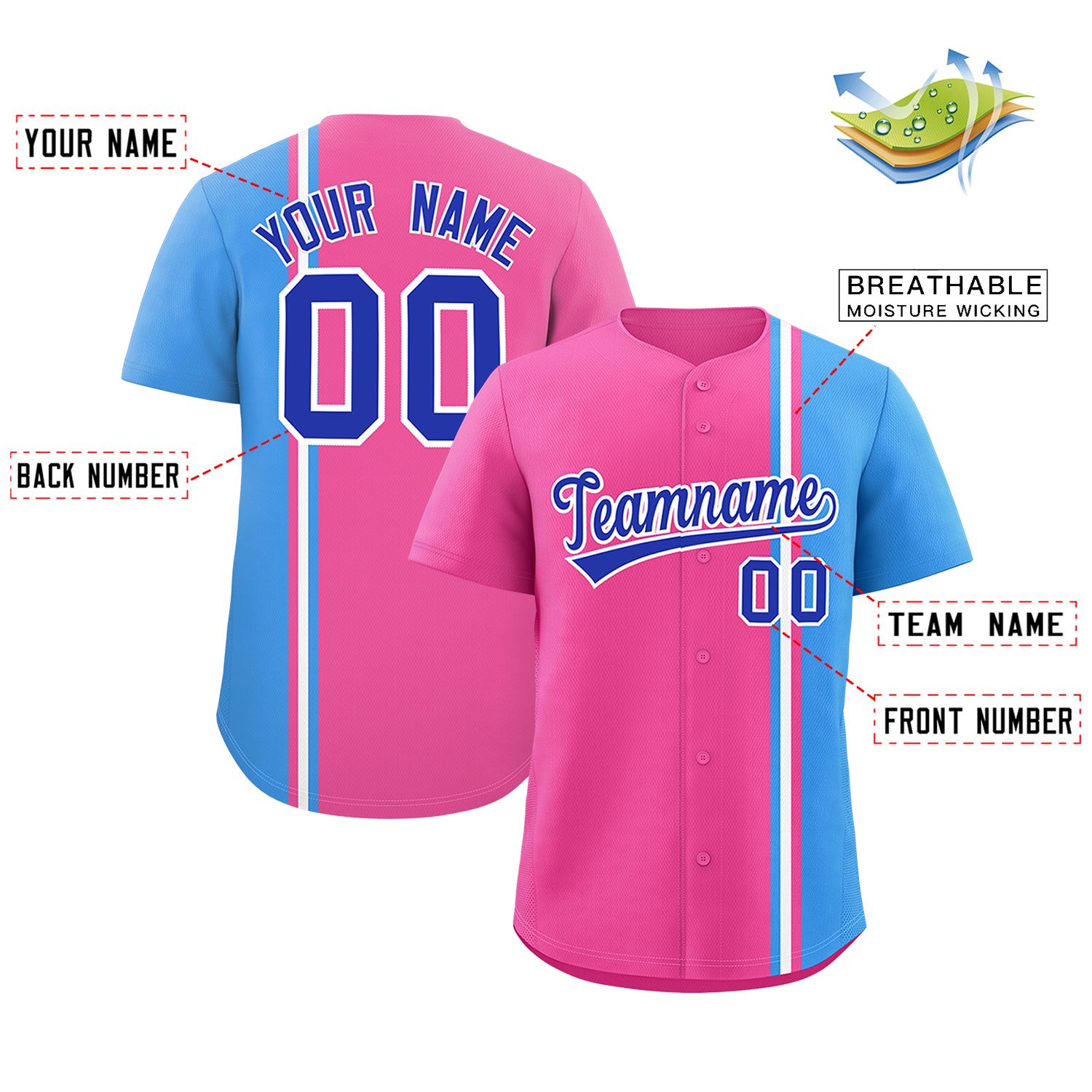 Benutzerdefiniertes authentisches Baseball-Trikot in Puderblau-Weiß mit personalisiertem Farbblock Benutzerdefiniertes authentisches Baseball-Trikot in Puderblau-Weiß mit personalisiertem Farbblock