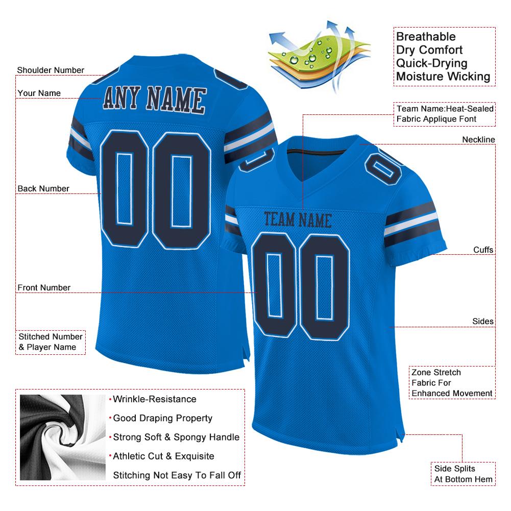 Maßgeschneidertes, authentisches Panther-Fußballtrikot aus Mesh in Marineblau und Weiß im klassischen Stil