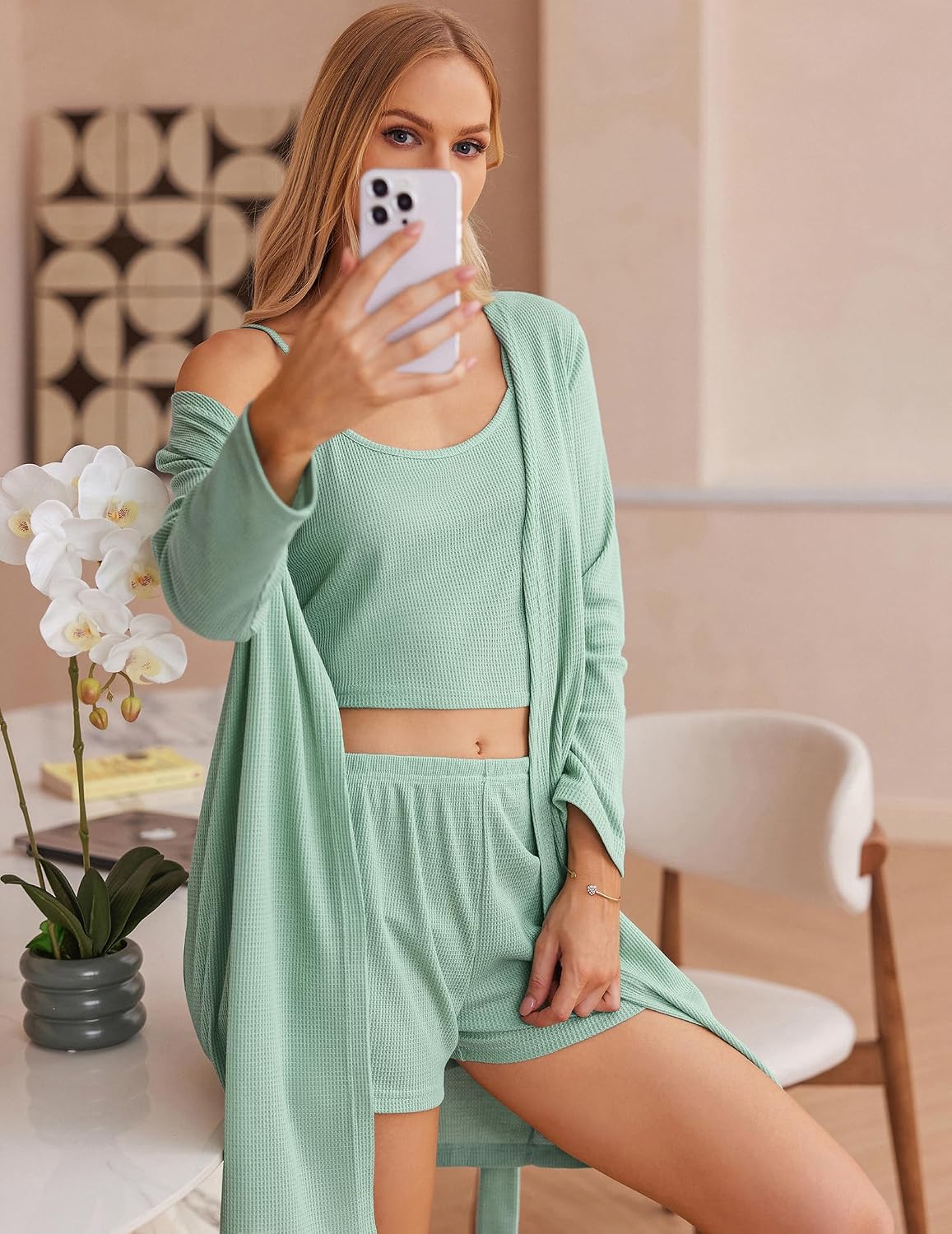 Women's Waffle Knit 3 Piece Lounge Set with Cardigan