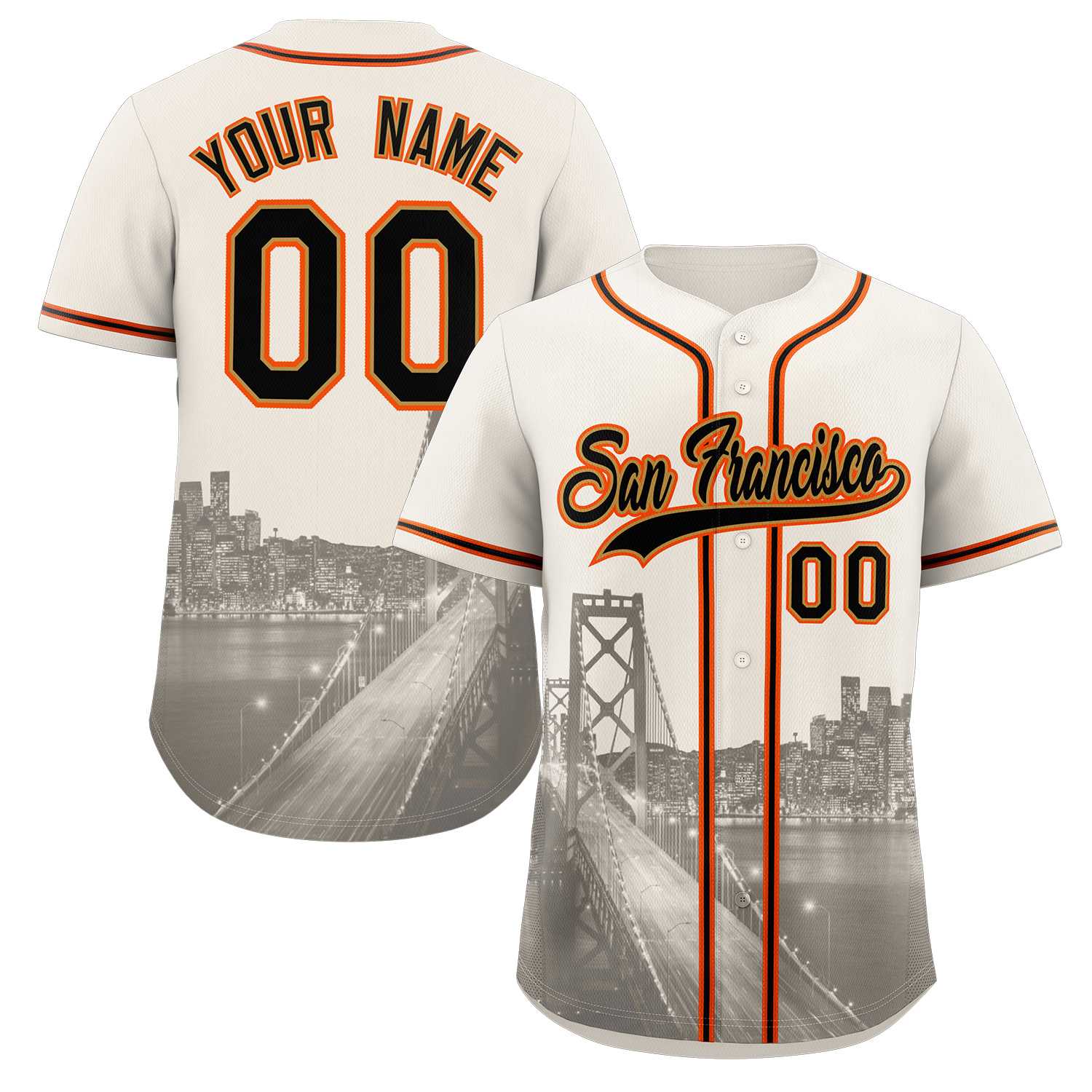 Benutzerdefiniertes schwarz-altgoldenes San Francisco City Skyline Baseball-Trikot