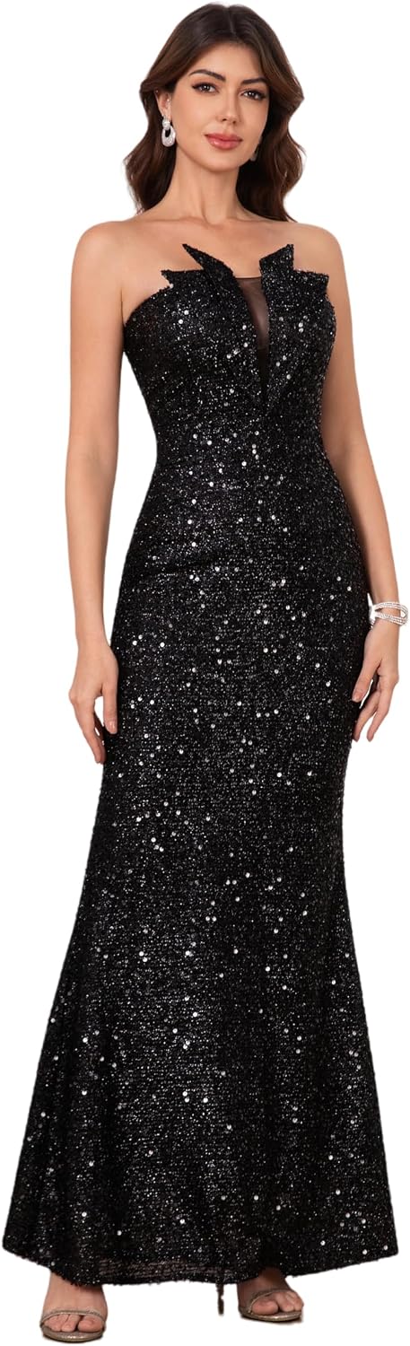 Elegant Evening Gown Formal Wedding Guest Prom Party Gala Dress Floor Length Strapless Sequins Built-in Bra Sleeveless Black-tie Banquet Night Corset Ball