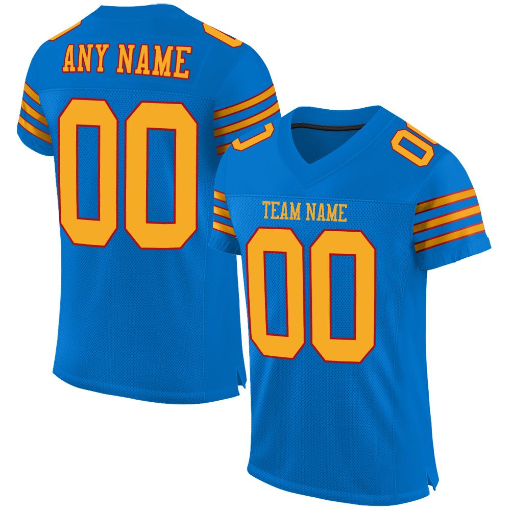 Maßgeschneidertes authentisches Panther-Fußballtrikot aus Mesh in Blau, Gold und Rot im klassischen Stil