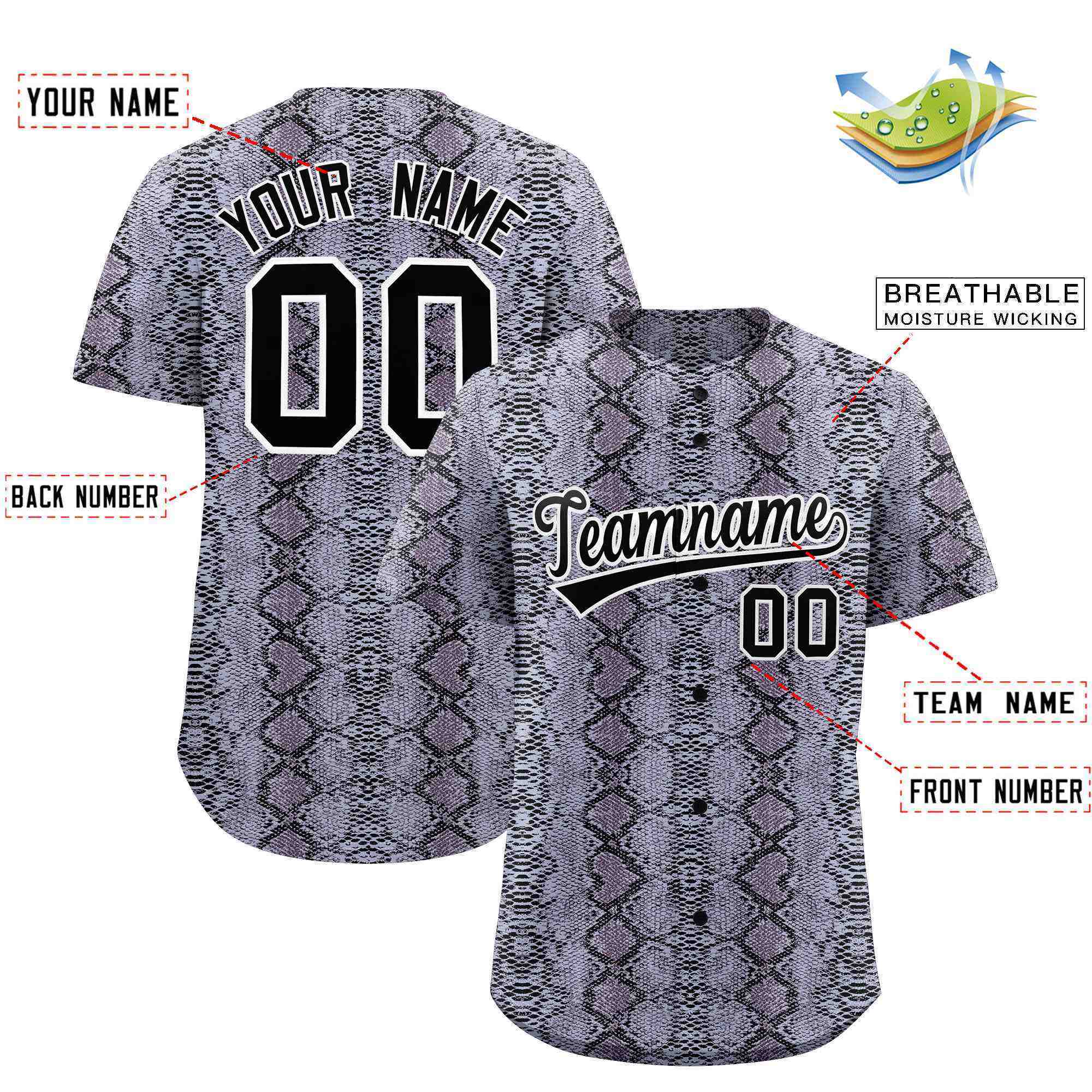 Benutzerdefiniertes authentisches Baseball-Trikot mit mehrfarbigem Schlangenledermuster