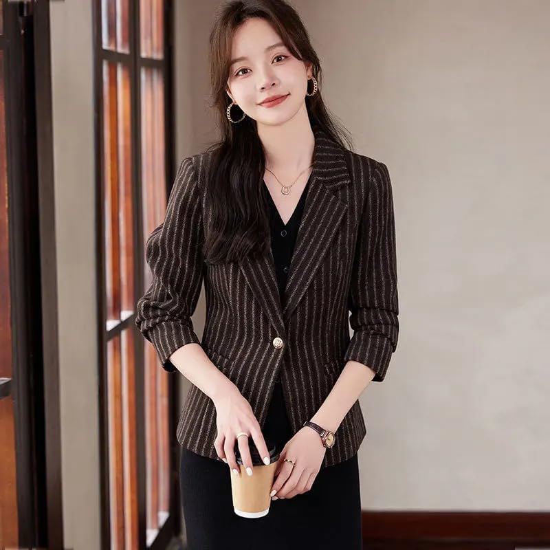 Women's Stripe Woolen Formal Blazer Suit Notched Collar Business Jacket Ladies Office Blazers